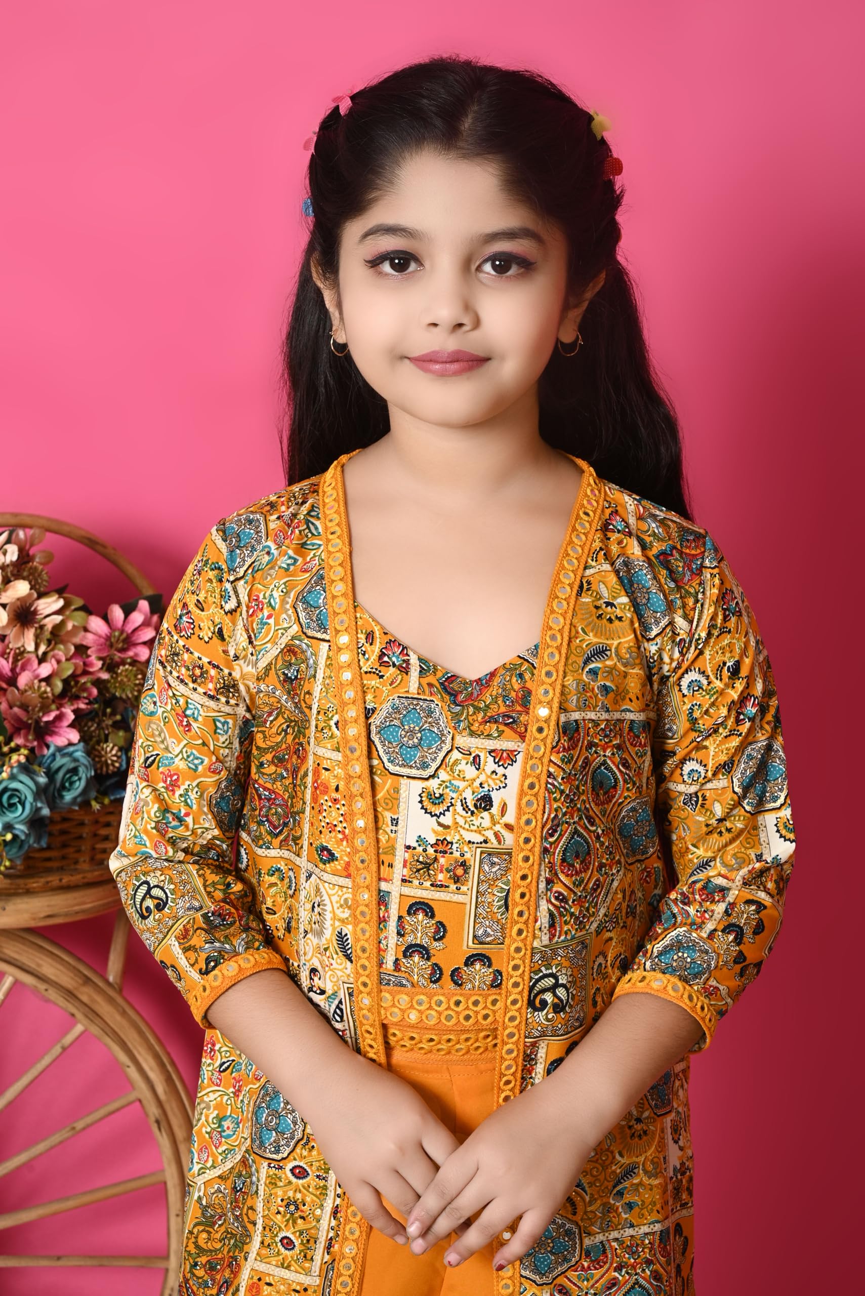 SPAMitude - Girls Self Designed Premium Cotton Blend Top Pant Jacket | 3pcs Party Dress for Girls I V Neck Stylish Sleeve Design Dress for Birthday Girl (Yellow, 5-6 Years) - Image 5 thumbnail