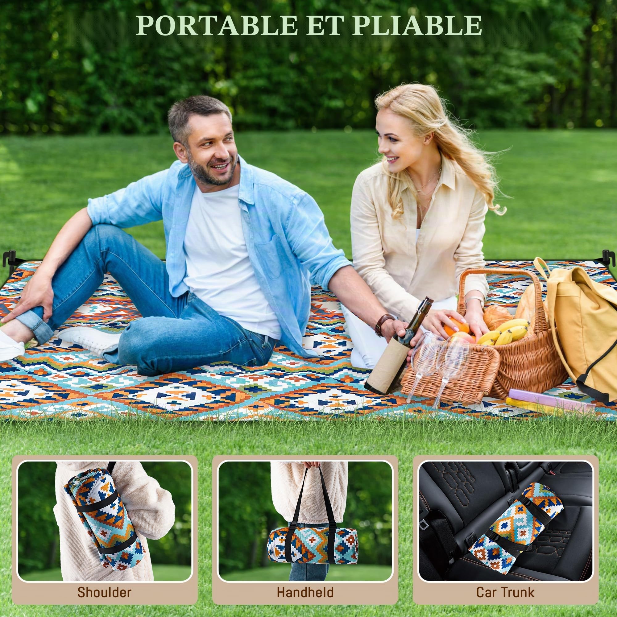 Gucass Couverture de Pique-Nique Boho, 200 x 200 cm Tapis de Pique-Nique Imperméable Lavable, Tapis de Picnic sans Sable, Pliable Portable Couverture de Plage pour Camping, BBQ, Jardin, Voyage