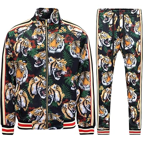 Men's Full Zip Jacket and Sweatpants Striped Tiger Print Tracksuit