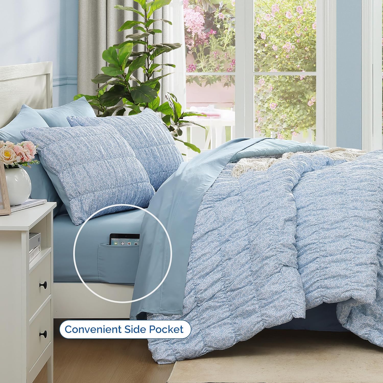 Queen Comforter Set - 7 Pieces Blue Classic Puff Floral Bedding Sets for All Seasons, Shabby Chic Farmhouse Bed in a Bag Queen with Wildflowers Fluffy Comforter, Sheets, Pillowcases & Shams - Image 3