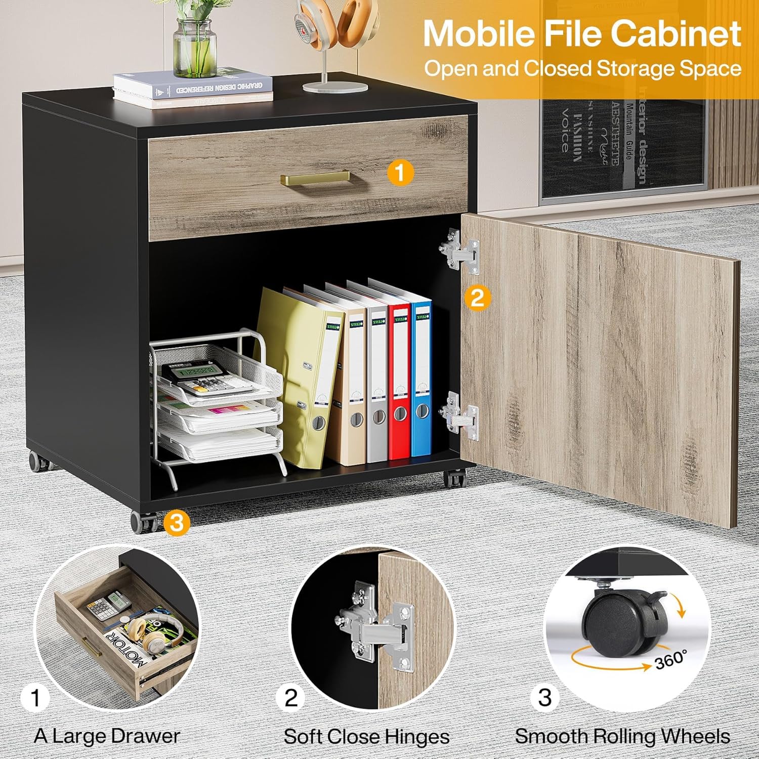 Tribesigns 22.83 Inches File Cabinet, Mobile Storage Cabinet Drawer Cabinet for Home Office (Retro Gray & Black)