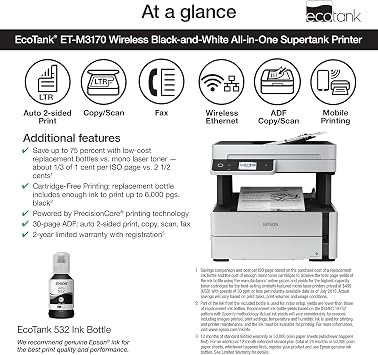 Epson EcoTank ET-M3170 Impresora inalámbrica monocromática todo en uno  supertanque con ADF, fax y Ethernet PLUS 2 años de tinta ilimitada* :  Productos de Oficina - Amazon.com