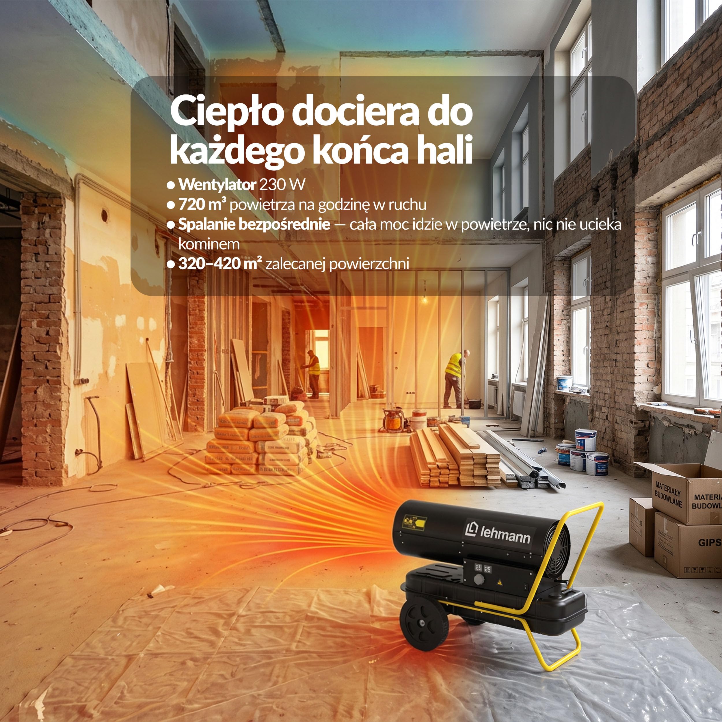 LEHMANN Nagrzewnica Olejowa 30 kW, Nagrzewnica Diesla 720 m³/h, Nagrzewnica Nadmuchowa, Budowlana, na Olej Napędowy lub Naftę, Termostat, 22 l, Warsztat, Budowa, Magazyn