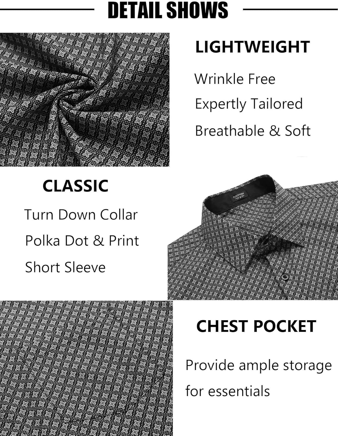 COOFANDY Mens Short Sleeve Button Down Shirts Wrinkle Free Dress Shirts Casual Polka Dot Print Shirt with Pocket X-Large Black(windmill) image 5 of 5 B0CKVQQTP6