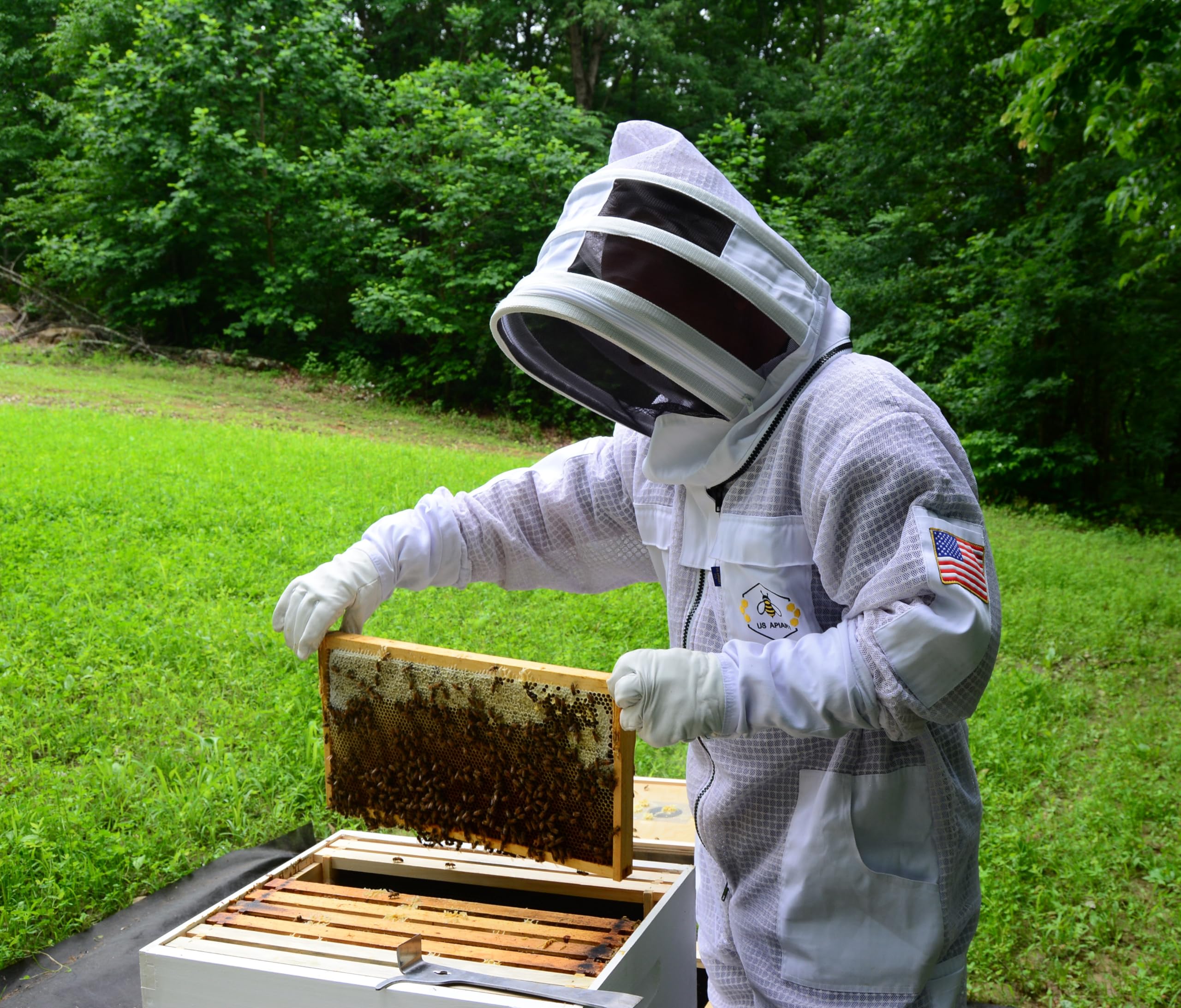 Traje de abeja de 3 capas con velo de esgrima un par de guantes a prueba de picaduras traje de apicultura ventilado