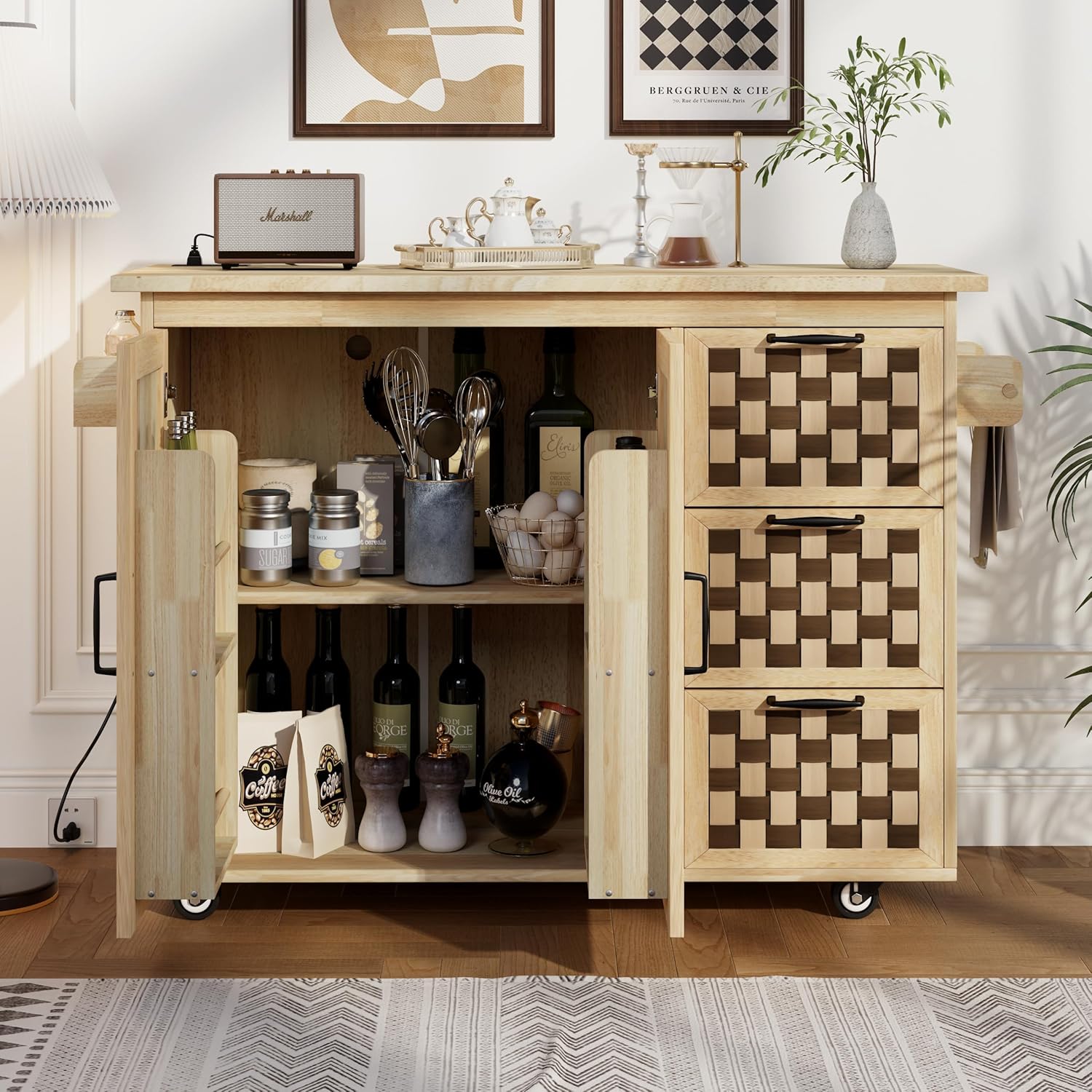 53.2" Rolling Kitchen Island Cart with Drop Leaf on Wheels, 3D Woven Checkerboard Pattern Design, Power Outlet Internal Storage Rack 3 Drawers 2 Cabinets for Kitchen, Dining Room Nature