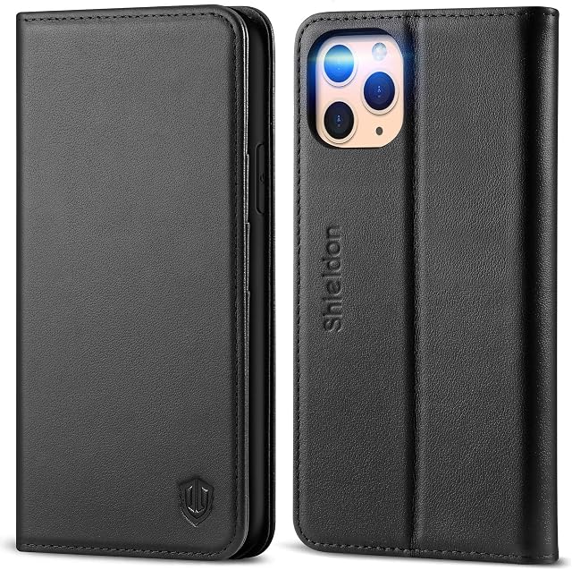 SHIELDON iPhone 11 Pro Case, Genuine Quality Leather Case with [Auto Wake/Sleep][RFID Blocking][TPU Shell][Card Slots][Kickstand] Shockproof Folio Flip Cover Compatible with iPhone 11 Pro, 5.8", Black