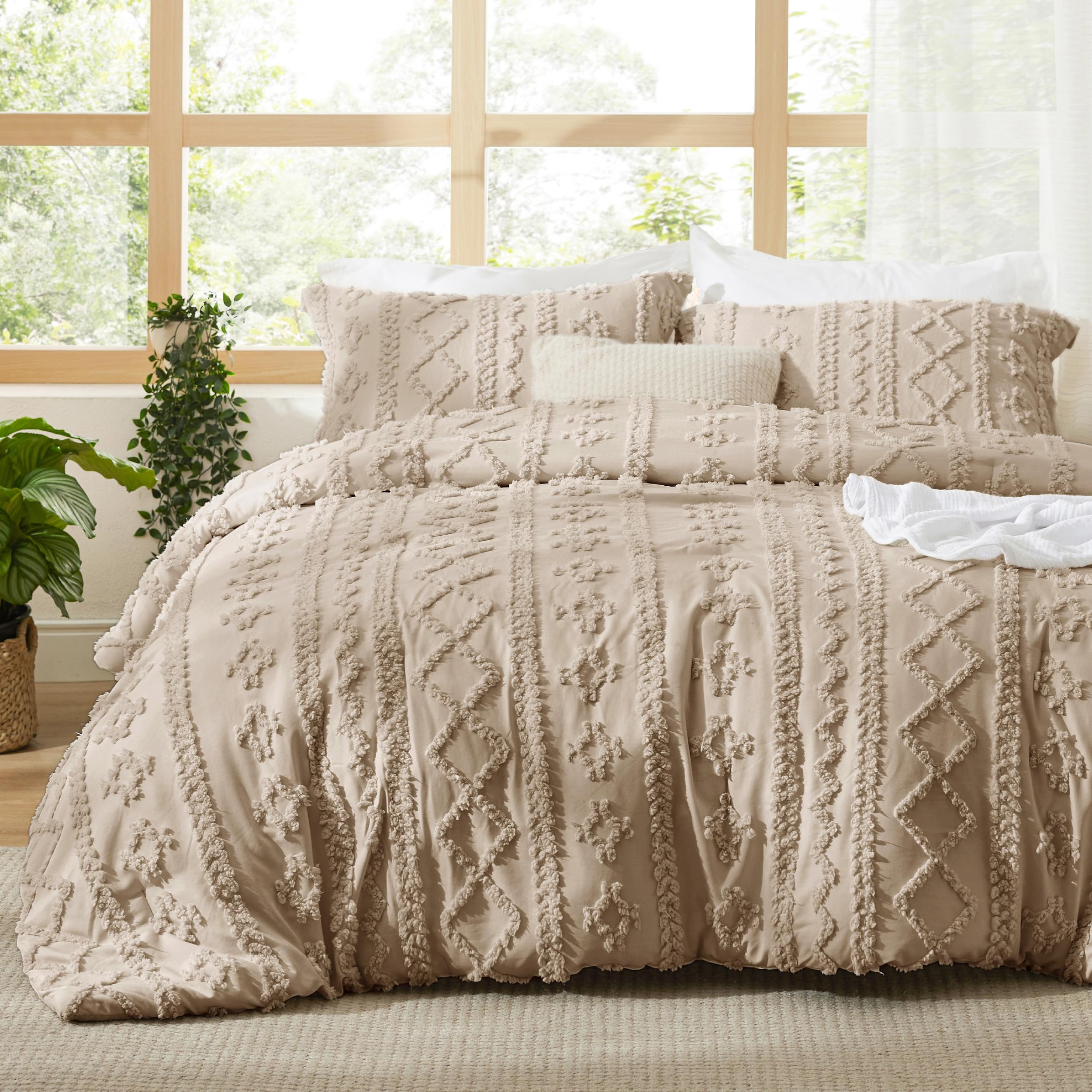 Photo 1 of Bedsure Tufted Boho Comforter Set King Size - Khaki Boho Bed Set, GentleSoft™ 3 Pieces Farmhouse-Style Embroidery Bedding, Gifts for Woman, Soft Jacquard Kids' King Comforter for All Seasons