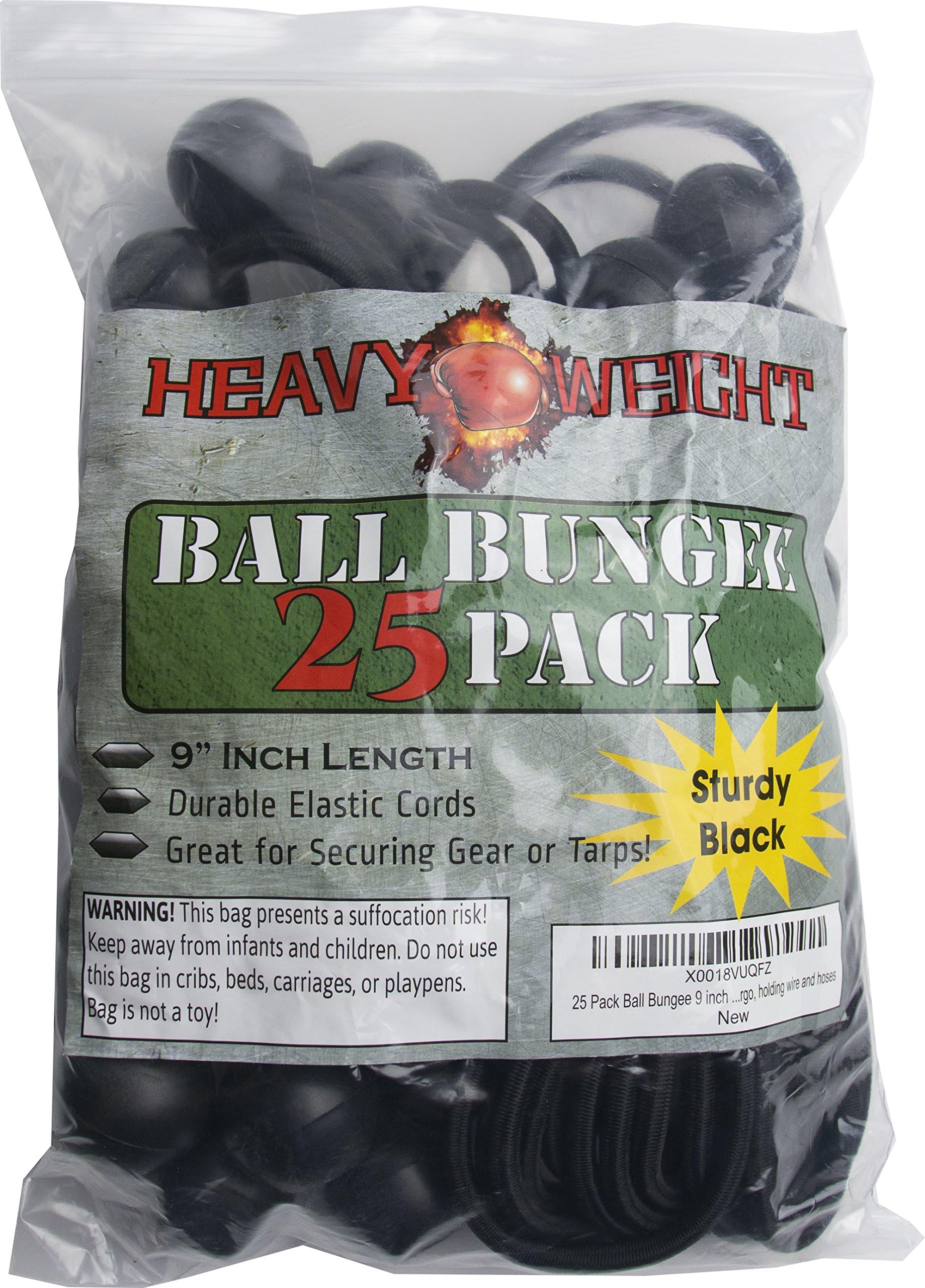 25 Pack Ball Bungee 9 inch Black | HeavyWeight 9'' Tarp Bungee Cords | Weather Resistant Tie Down Strap and 5mm Thickness | For tents, cargo, holding wire and hose