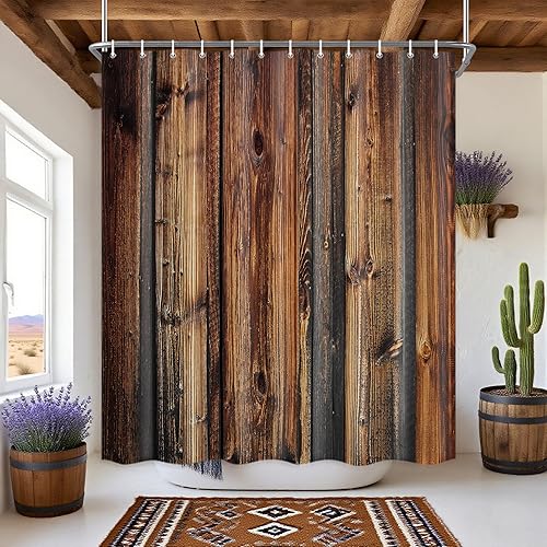 Miniatura 3 de Cortina de Ducha de Tablón de Madera Rústica Marrón, Cortina de Ducha de Puerta de Granero Rústica, Cortinas de Baño de Tela de Tablón de Madera