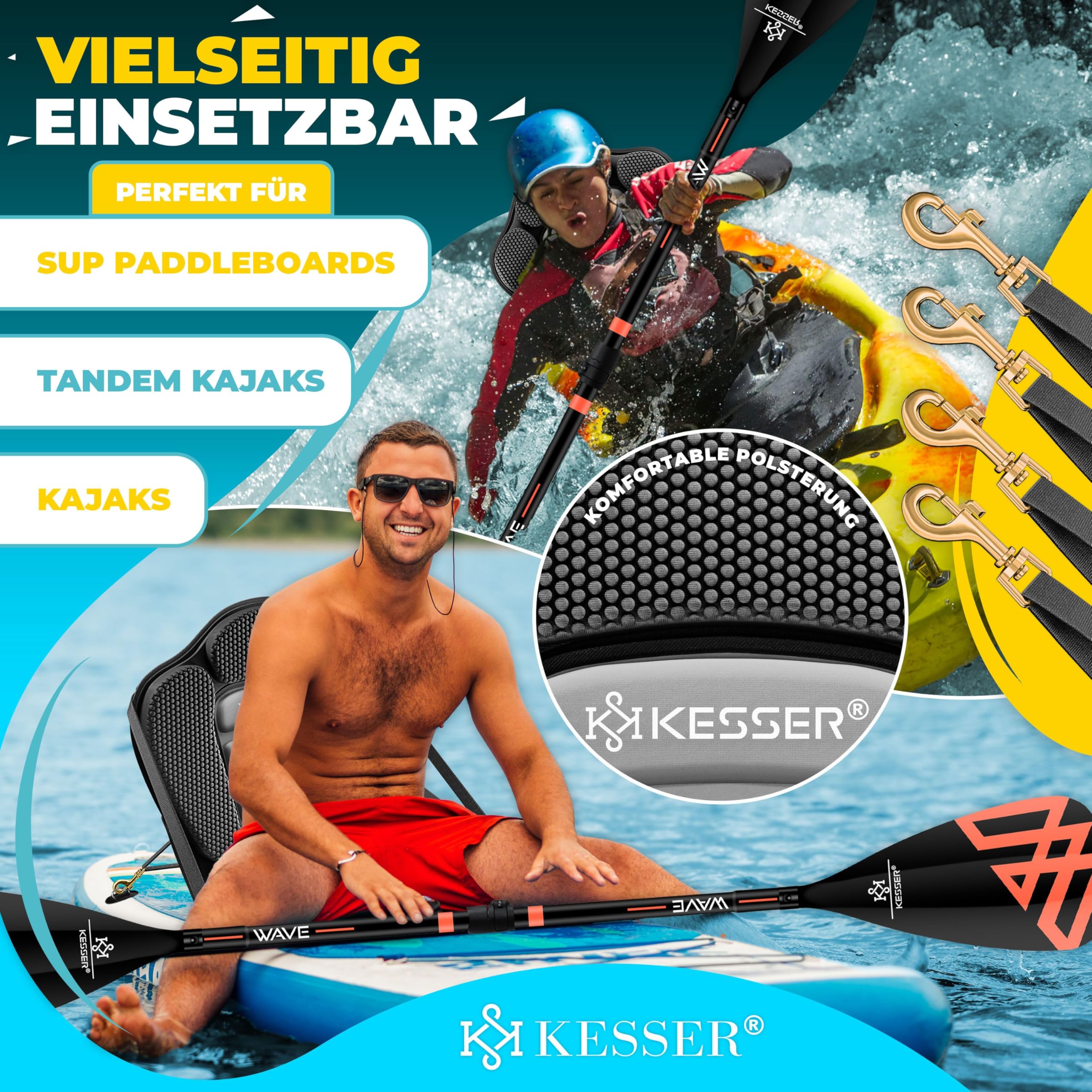 KESSER® Siège de Kayak pour Sup Board Stand Up Paddle Siège de Surf, siège rembourré pour Paddle, Paddle, siège rembourré 32 x 38 cm, Dossier 51 x 45 cm, Montage Rapide et Facile