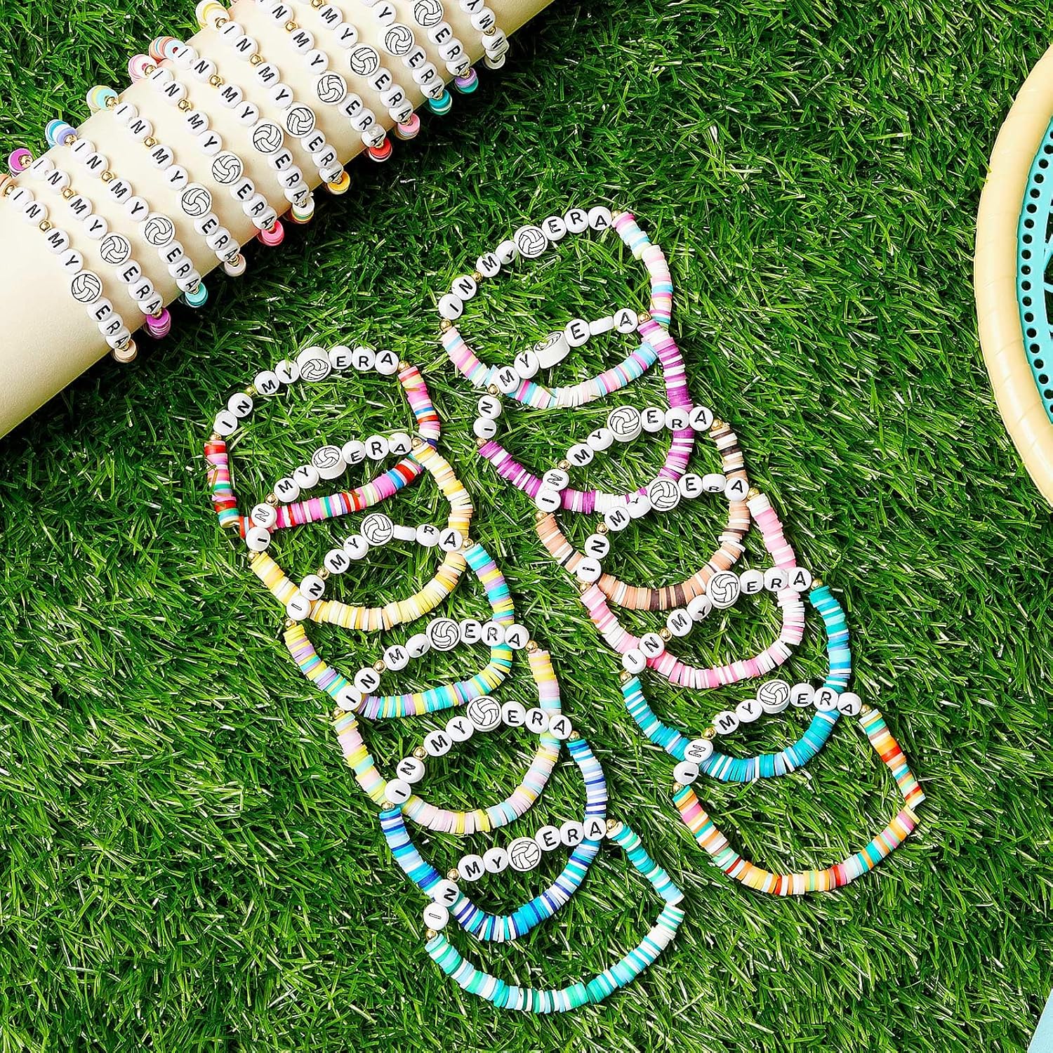 Quelay 24 Pcs in Era Bracelets Bulk Clay Beaded Stretchy Bracelets for Sports Softball Volleyball Basketball Soccer Tennis Football End of Year Teacher Mom Graduation Party Favor