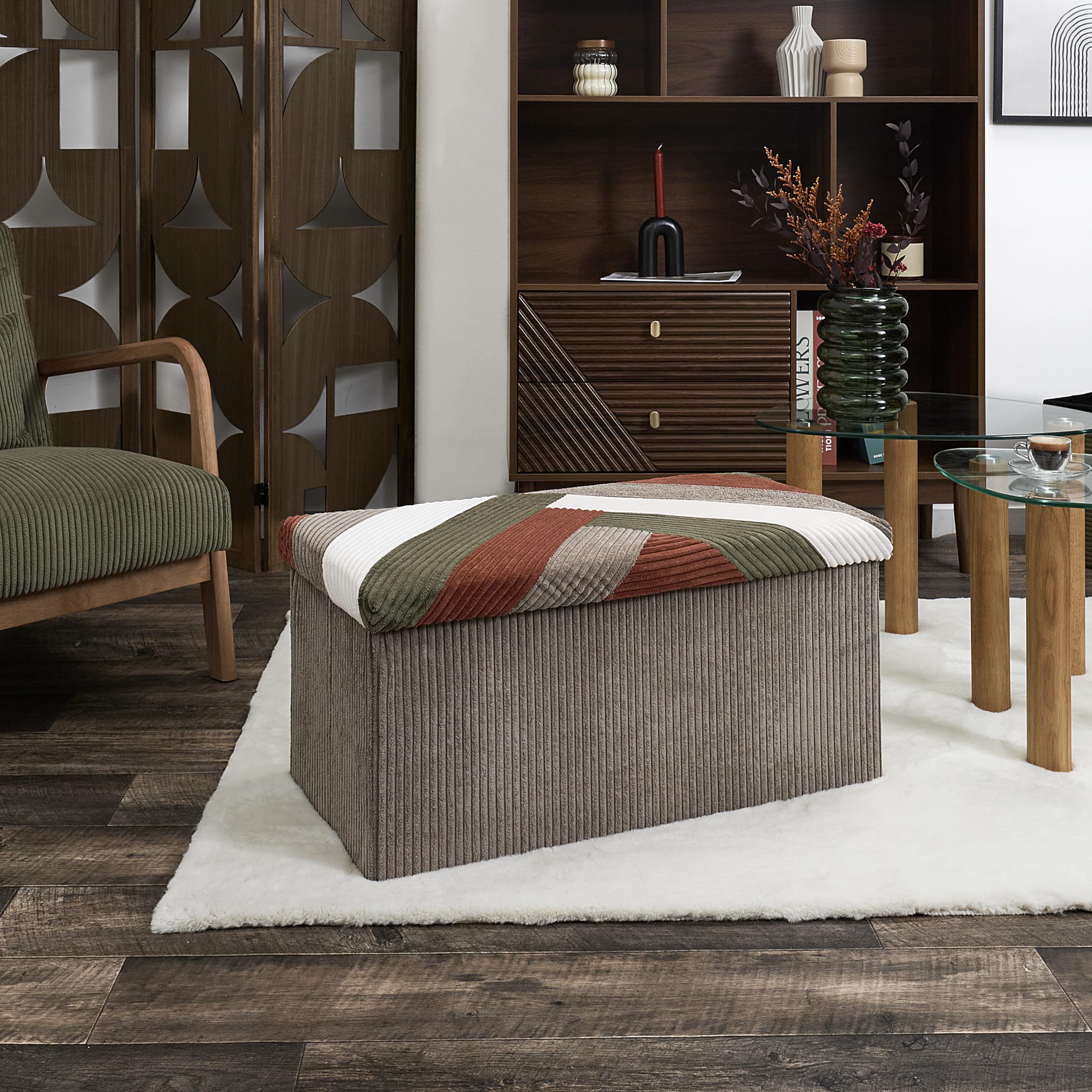 Home Deco Factory, HD0551, Panca Pieghevole Cotele Patchwork Multifunzionale, Pratico Contenitore e comodità di Seduta, Ideale per Soggiorno,Dimensioni 76x38x38 cm, Beige, Grigio, Rosso, Verde