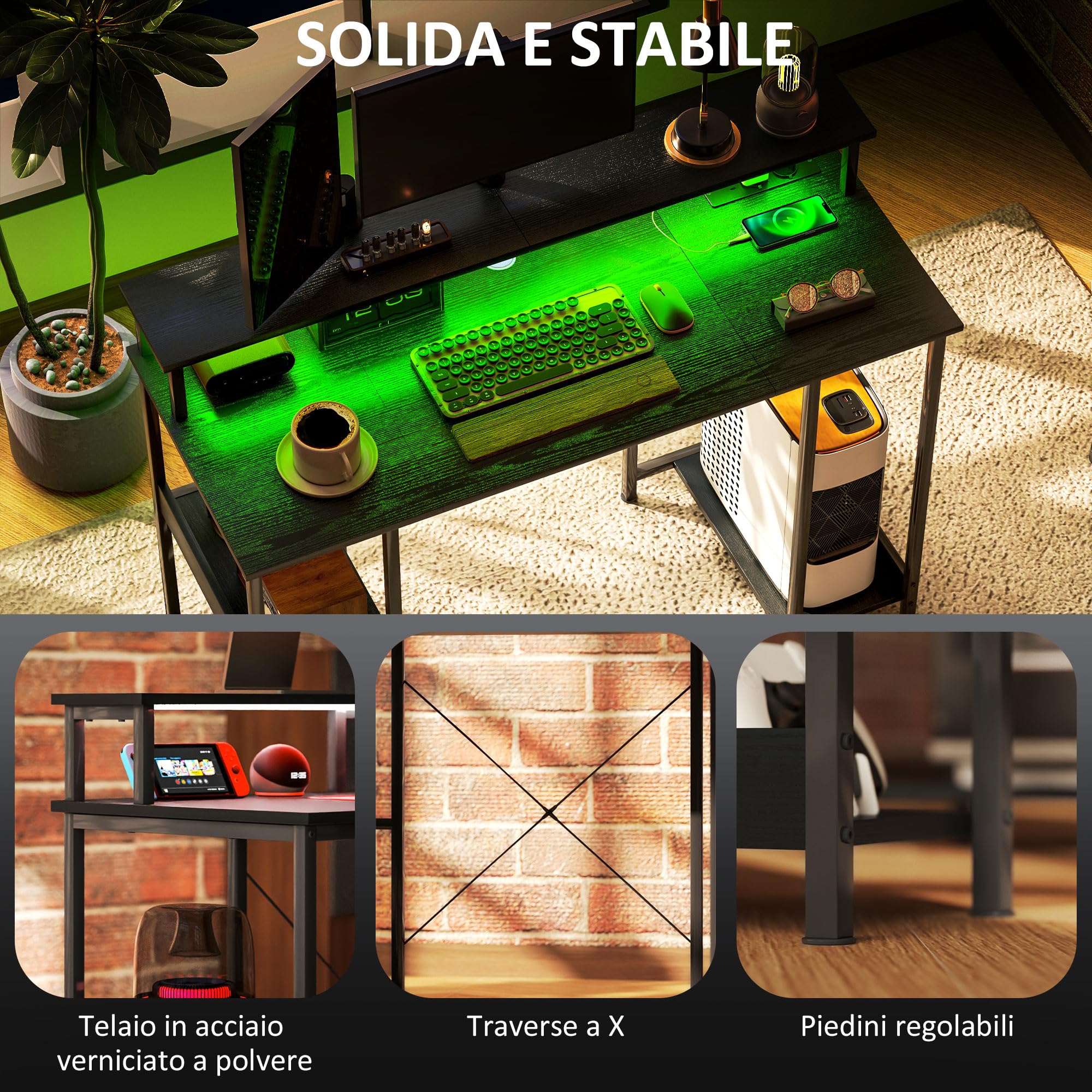 HOMCOM Scrivania per Computer Reversibile Ripiani, 120x50 cm Scrivania da Ufficio con Prese Elettriche e Luci LED, Tavolo Porta PC da Studio con Doppio Supporto per Monitor, Nero