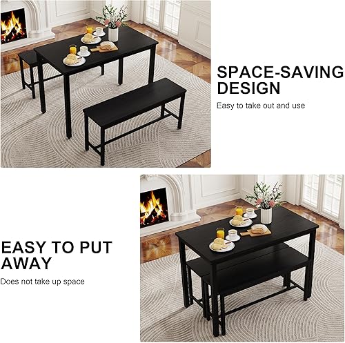 Miniatura 2 de Juego de mesa de comedor para 4, mesa de cocina con 2 bancos, muebles de comedor de madera de 3 piezas, juegos de sillas de comedor para rincón de