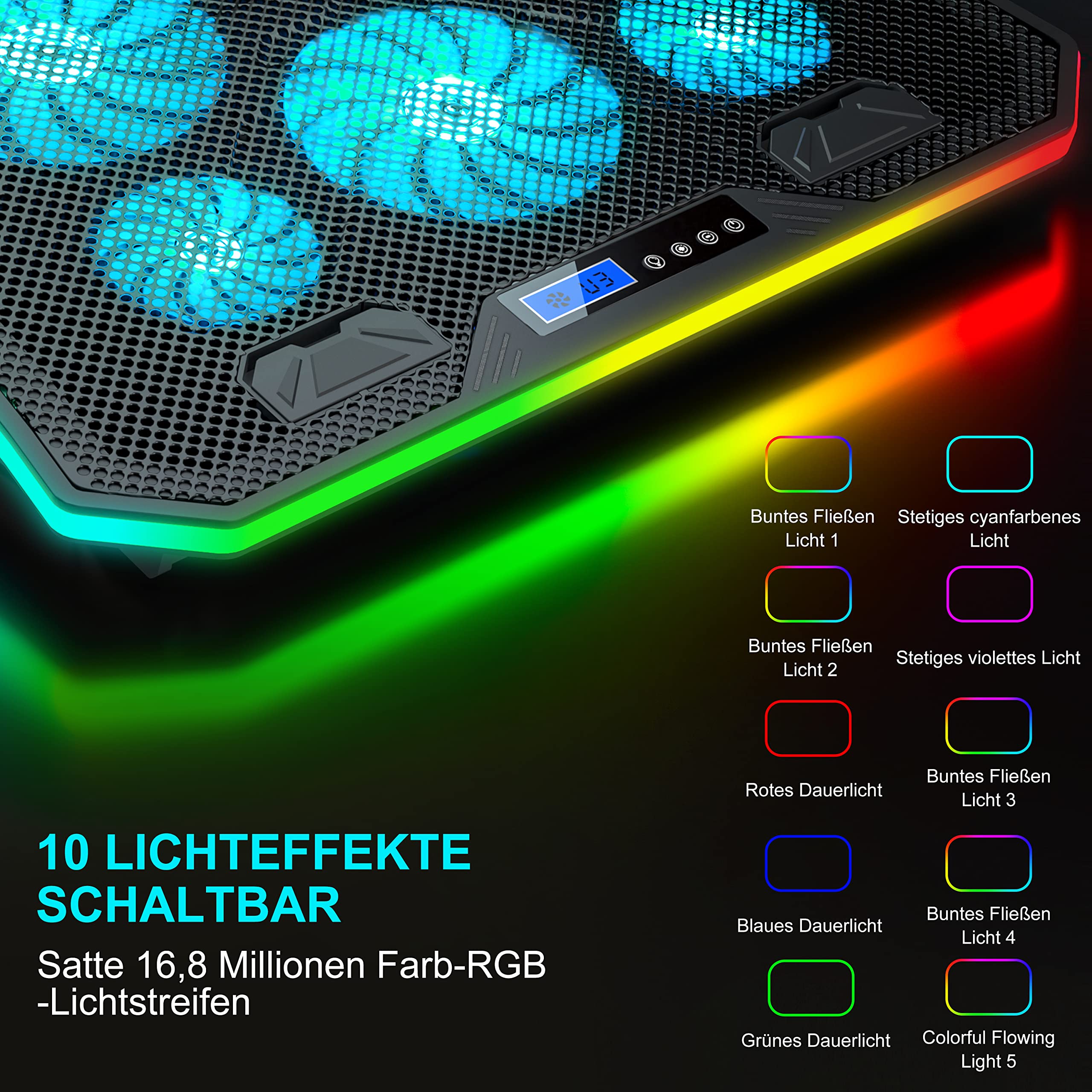 TopMate C12 Laptop Kühler RGB Gaming Notebook Kühlpads für Schreibtisch und Schoß, Laptop Lüfter Ständer 8 Höhenverstellbar mit 6 Leisen Lüfter+Handyständer, für 15,6-17 Zoll -EisBlau LED Licht