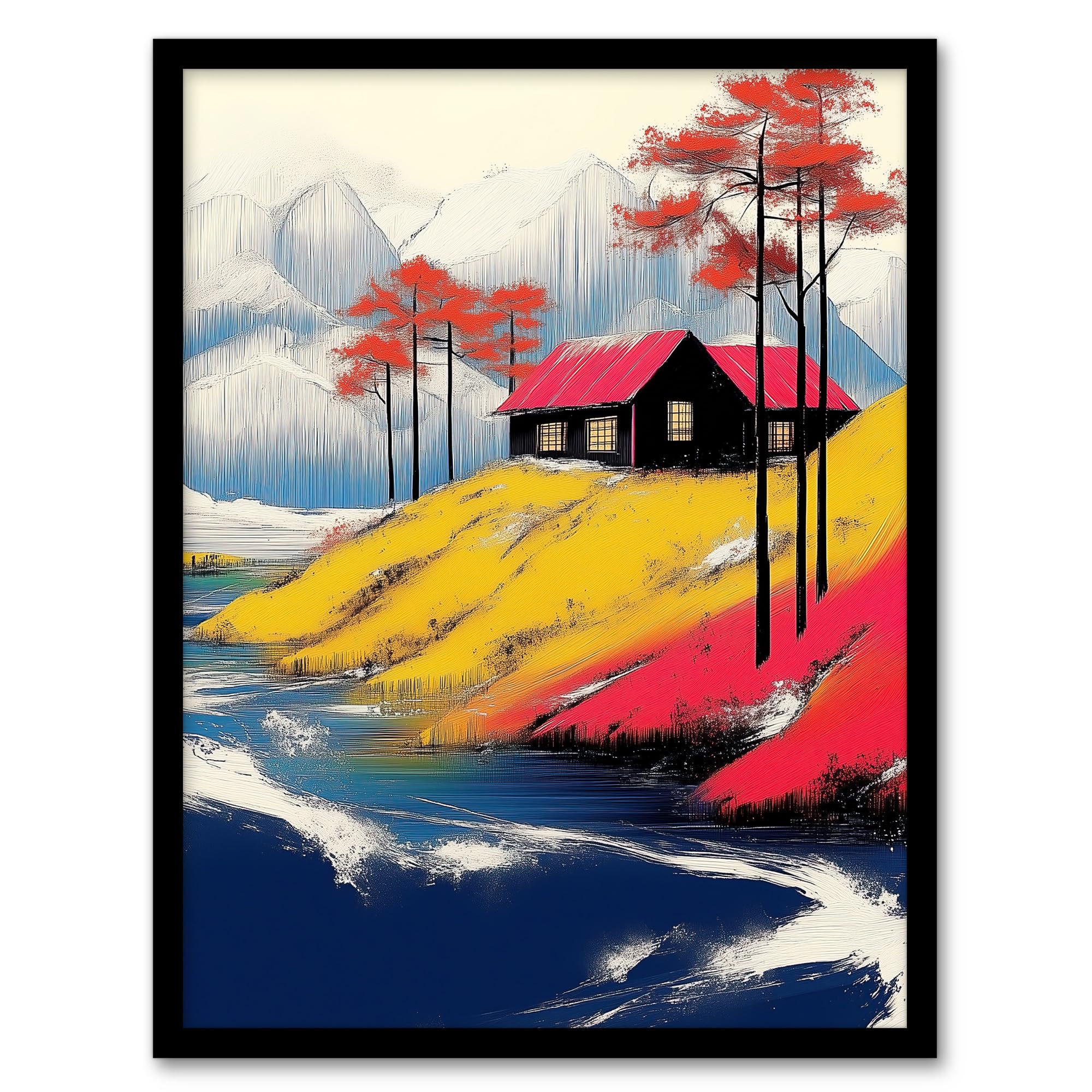 Artery8 Fjord House Rural Winter Landscape Painting Living Room Artwork Framed Wall Art Print A4