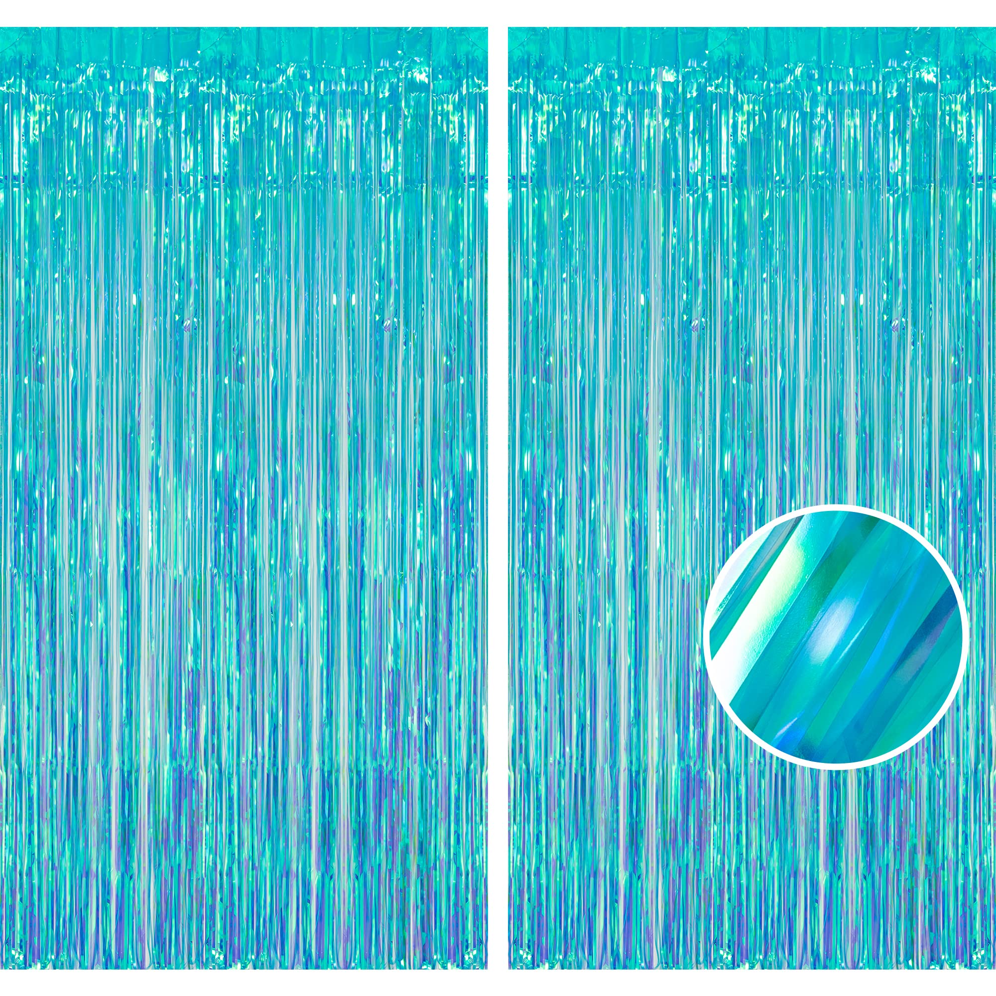 BRAVESHINE Party Decorations Iridescent Foil Fringe Backdrops - Metallic Tinsel Streamer Curtains for Frozen Winter Birthday Baby Shower Ocean Mermaid Decor - 2 Pcs 3.2 x 6.5 ft Clear Blue