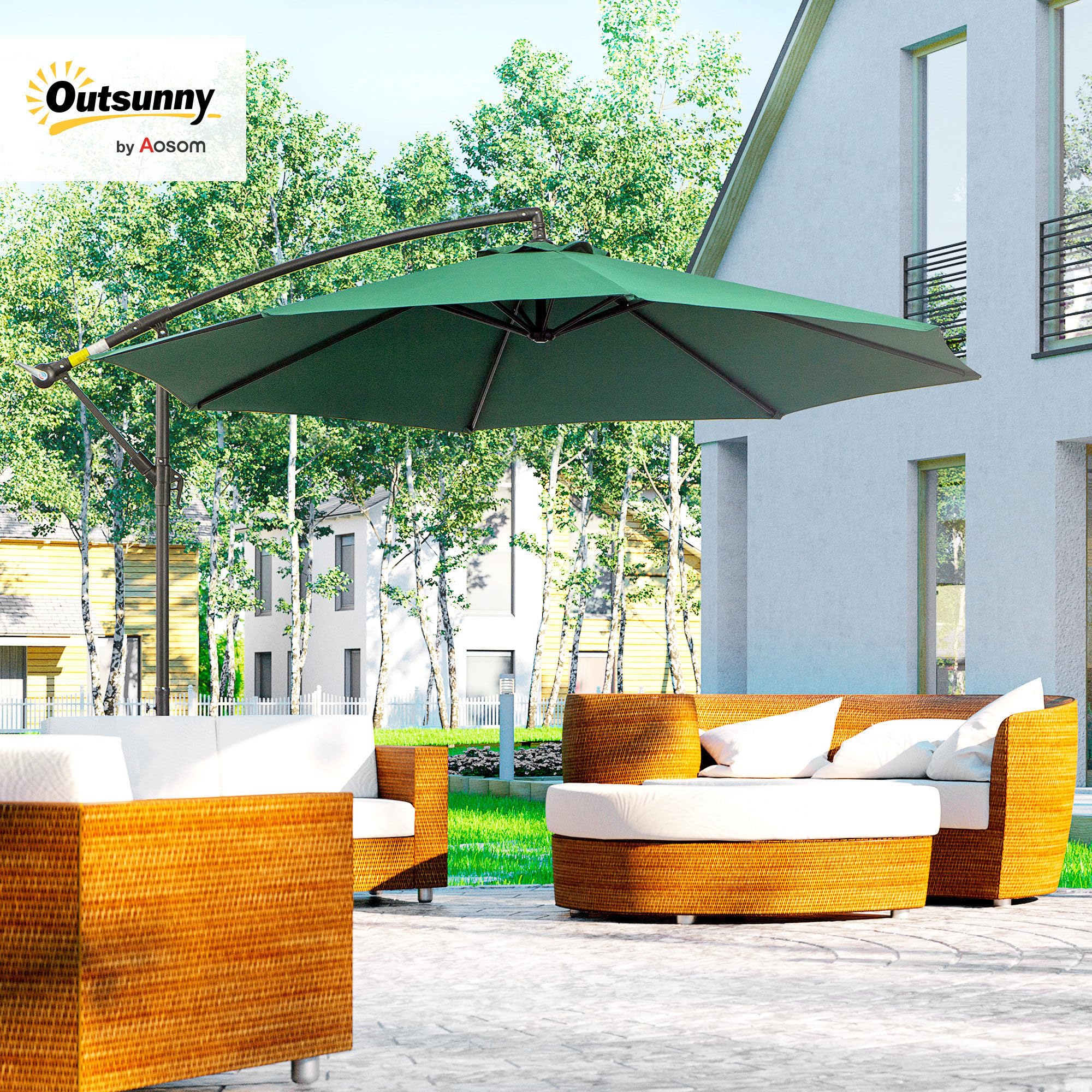 Outsunny Parasol Excéntrico Ø 295 cm Sombrilla de Jardín con Ángulo Ajustable en 3 Posiciones Base Cruzada y Manivela Tela Poliéster 180 g/m² Sombrilla para Terraza Patio