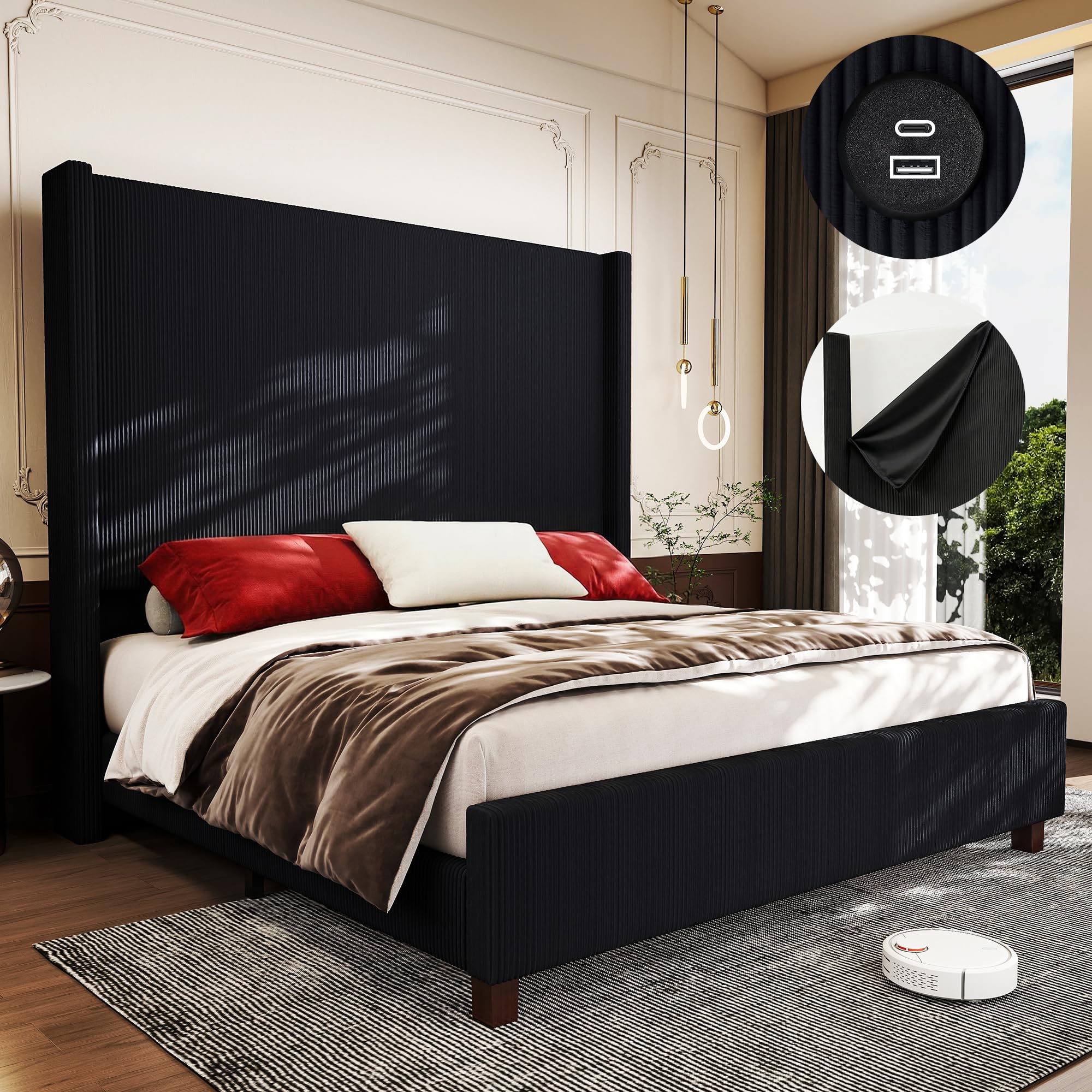 King Size Corduroy Upholstered Bed Frame with 65 2 Tall Headboard USB Charging Station Soft Washable Corduroy Cover