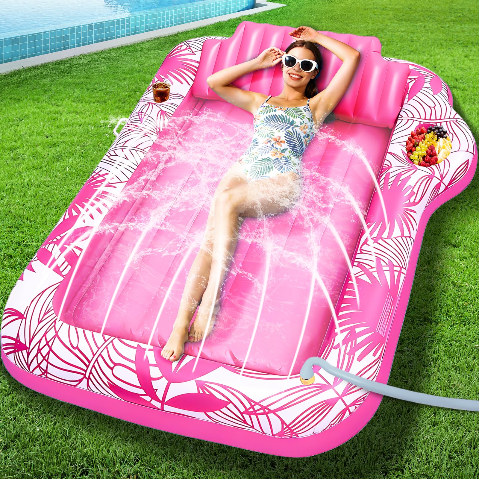 TURNMEON Inflatable Tanning Pool Lounger Float with Sprinkler, 78"x50" Large 2-Person Pool Float Adults with Backrest Cup & Food Holder Blow Up