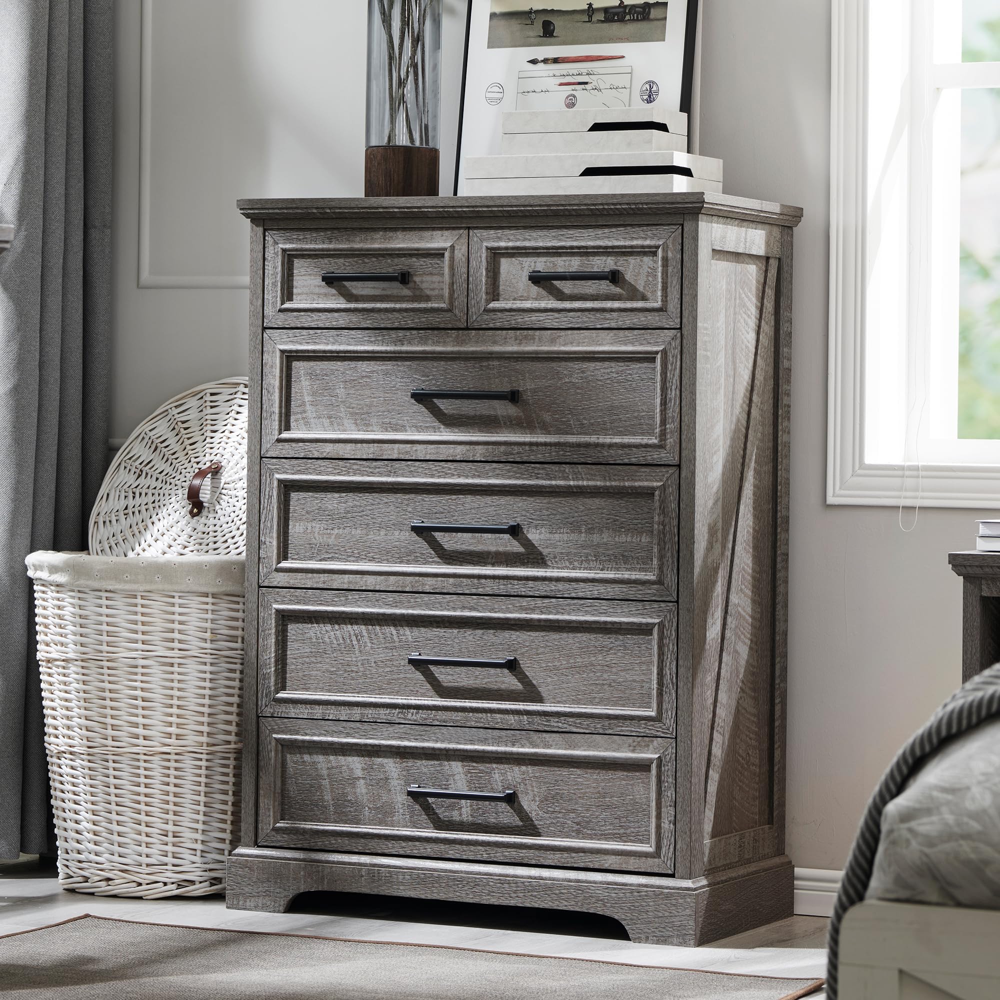 ACCOHOHO 6 Drawer Dresser, Farmhouse Chest of Drawers for Bedroom, 44" Tall Modern Dresser with Large Metal Handle, Wood Drawer Organizer for Living Room, Hallway, Closet - Grey (similar to stock photo)