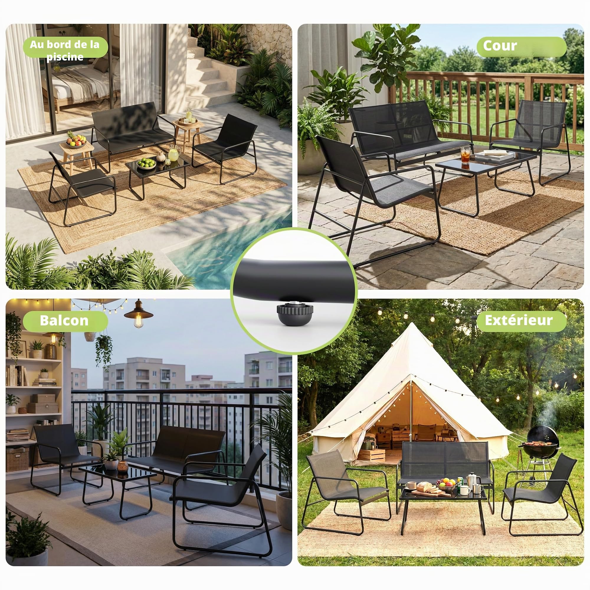 Mondeer Salon de Jardin Exterieur 4 Personnes, pour Terrasse Balcon (Noir) | Mobilier de Jardin avec 2 Places 2 fauteuils 1 Table Basse, Métal et Textilène