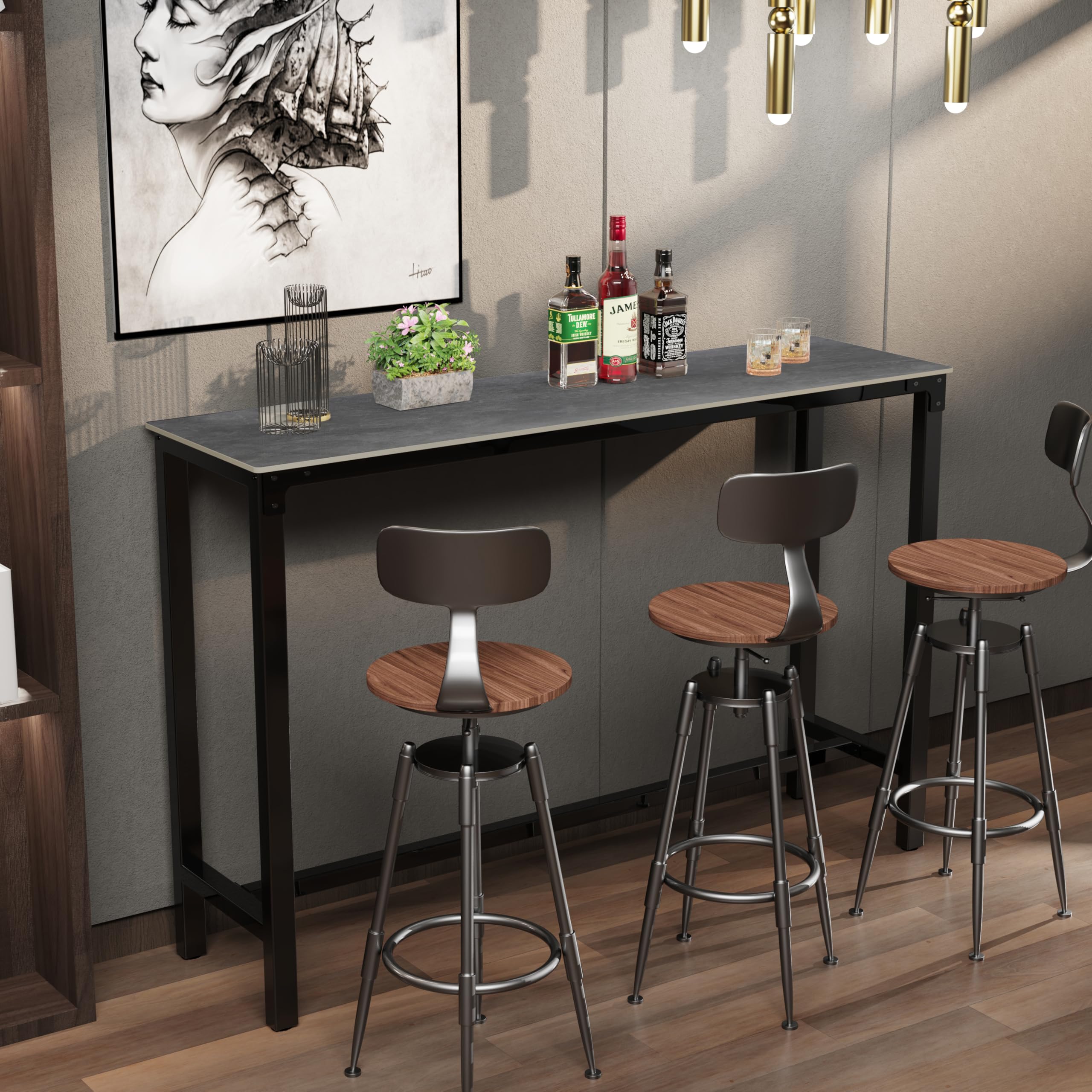 Tavolo da bar rettangolare in pietra sinterizzata: 120 cm di lunghezza, in marmo grigio misto nero, altezza 105 cm, tavolo da cocktail per casa, cucina, colazione, sala da pranzo, pub, caffetteria