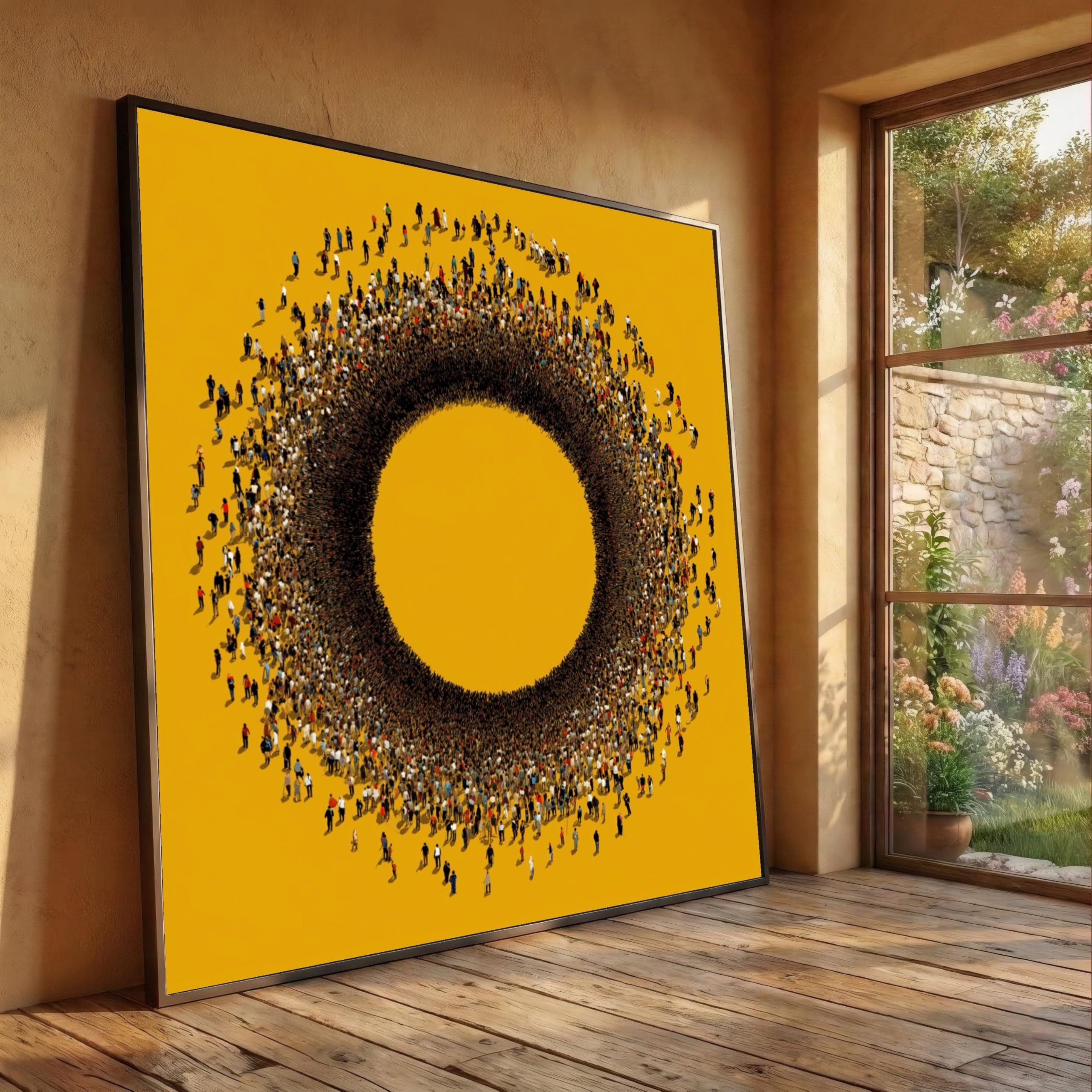 LMYCHENG Abstract Crowd Circle Canvas Wall Art, Yellow Background, Contemporary People Painting, Modern Concept Decor Posters(80x80cm/Frameless)