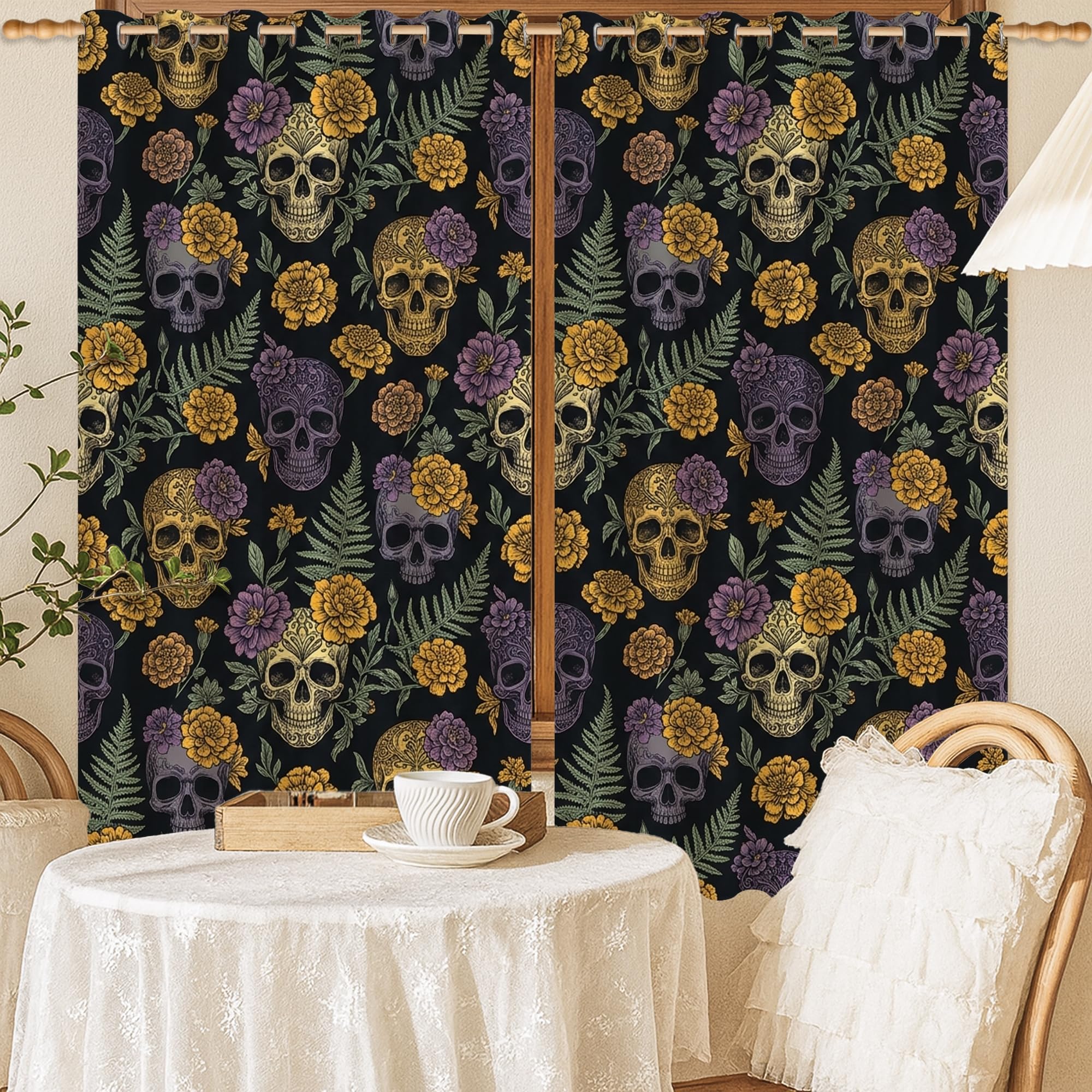 Rideaux occultants gothiques tête de mort et flore pour chambre