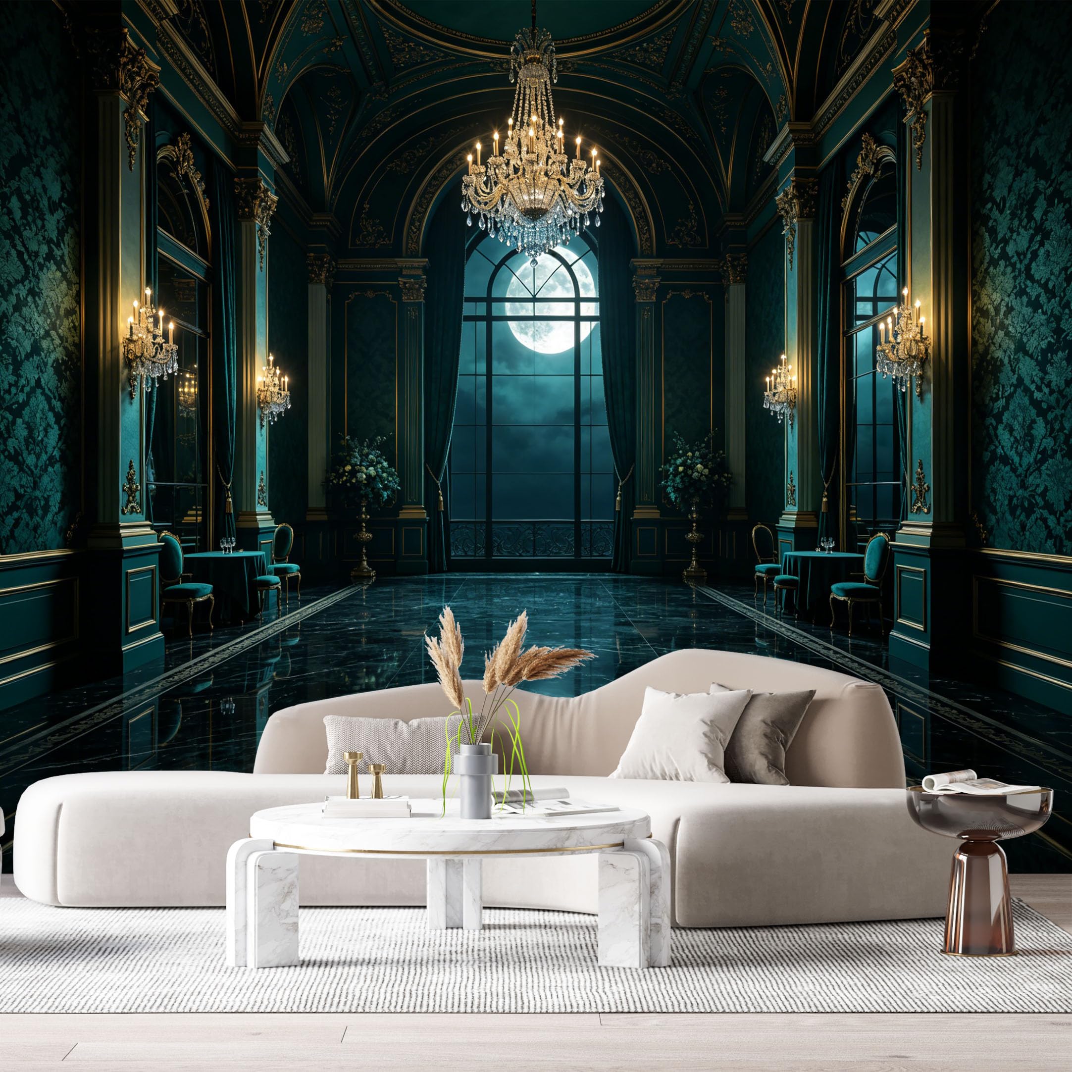Custom Size Wall Murals Moonlit Ballroom Neoclassical Interior Chandelier Reflection Oil Painting SelfAdhesive Wall Fabric Removable Large Wallpaper for Photo Living Room