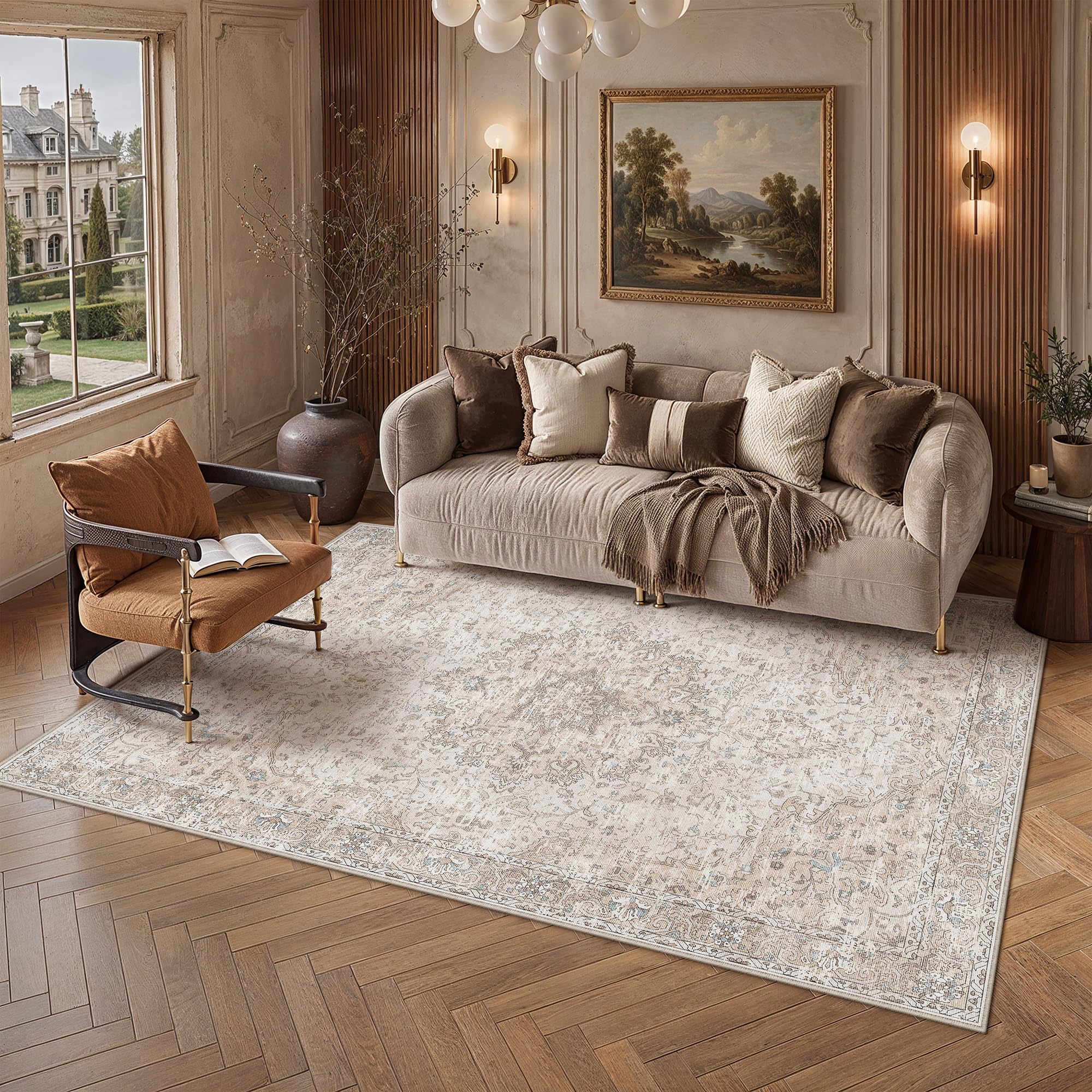 PureCozy Vintage Rugs Living Room Washable 140x200cm Beige Rug for Bedroom