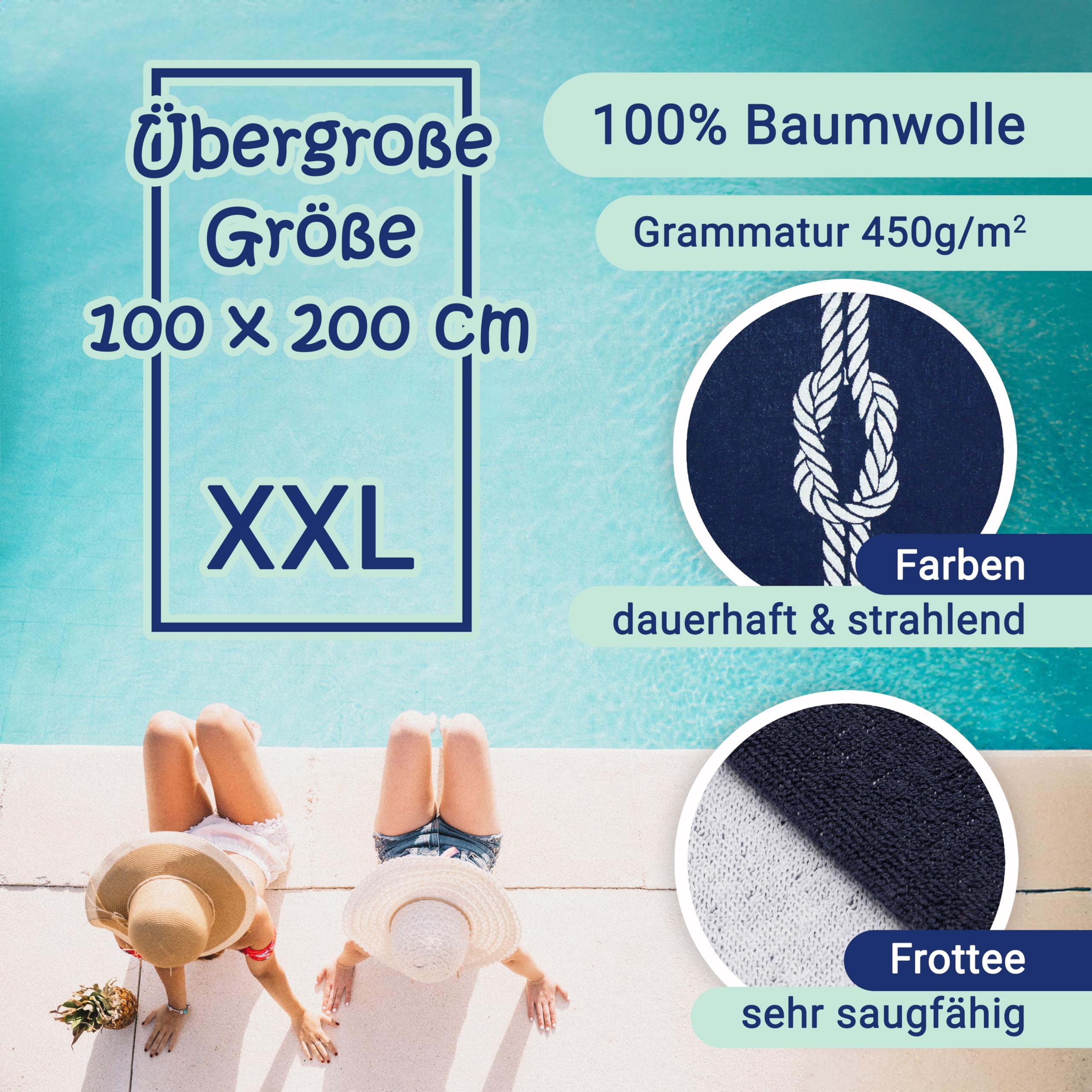 ZOLLNER Strandlaken - saugstarkes und strapazierfähiges Handtuch in 100x200 cm - waschbar bis 60°C - Baumwolle in blau - Elegantes Seil und Knoten Design - Oeko Tex® Zertifiziert