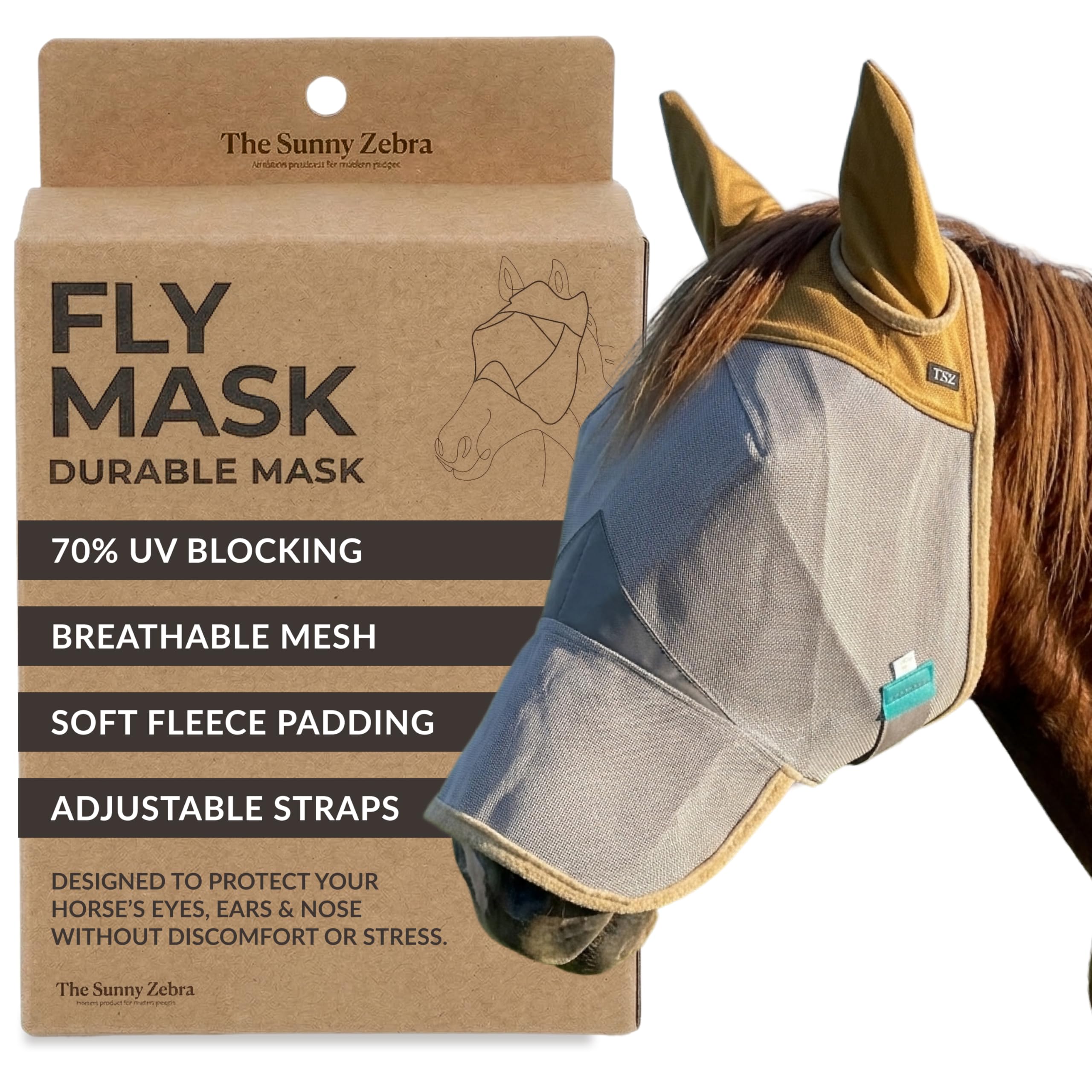 Máscara de mosca de caballo con orejas y cubierta de nariz, 70% de bloqueo UV, máscaras transpirables para caballos, duradero, ajuste cómodo para protección durante todo el día, tamaño de caballo