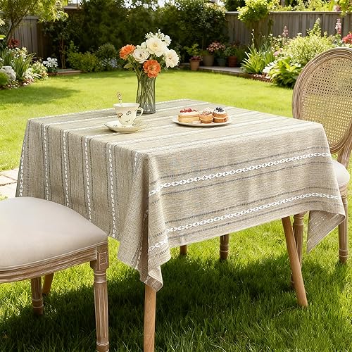 Miniatura 6 de NEWISHER - Mantel rústico de estilo granja bordado, cuadrado, de jacquard, a rayas, de lino, con textura lavable para mesa de comedor, cocina,