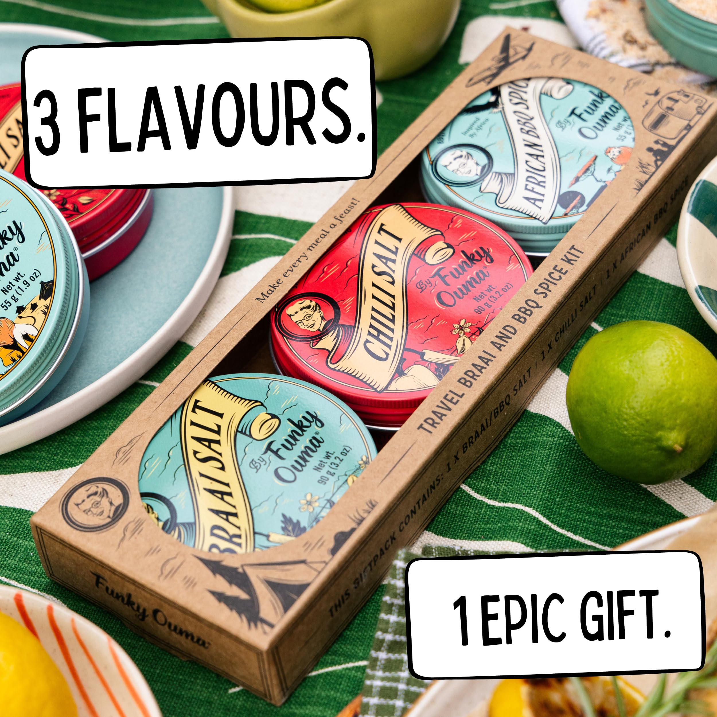 Funky Ouma Coffret cadeau 235g - 3 différents aliments sud-africains entièrement naturels herbes, épices mélangées, BBQ Rubs & Sel aromatisé - Ustensiles de cuisine, épices steak