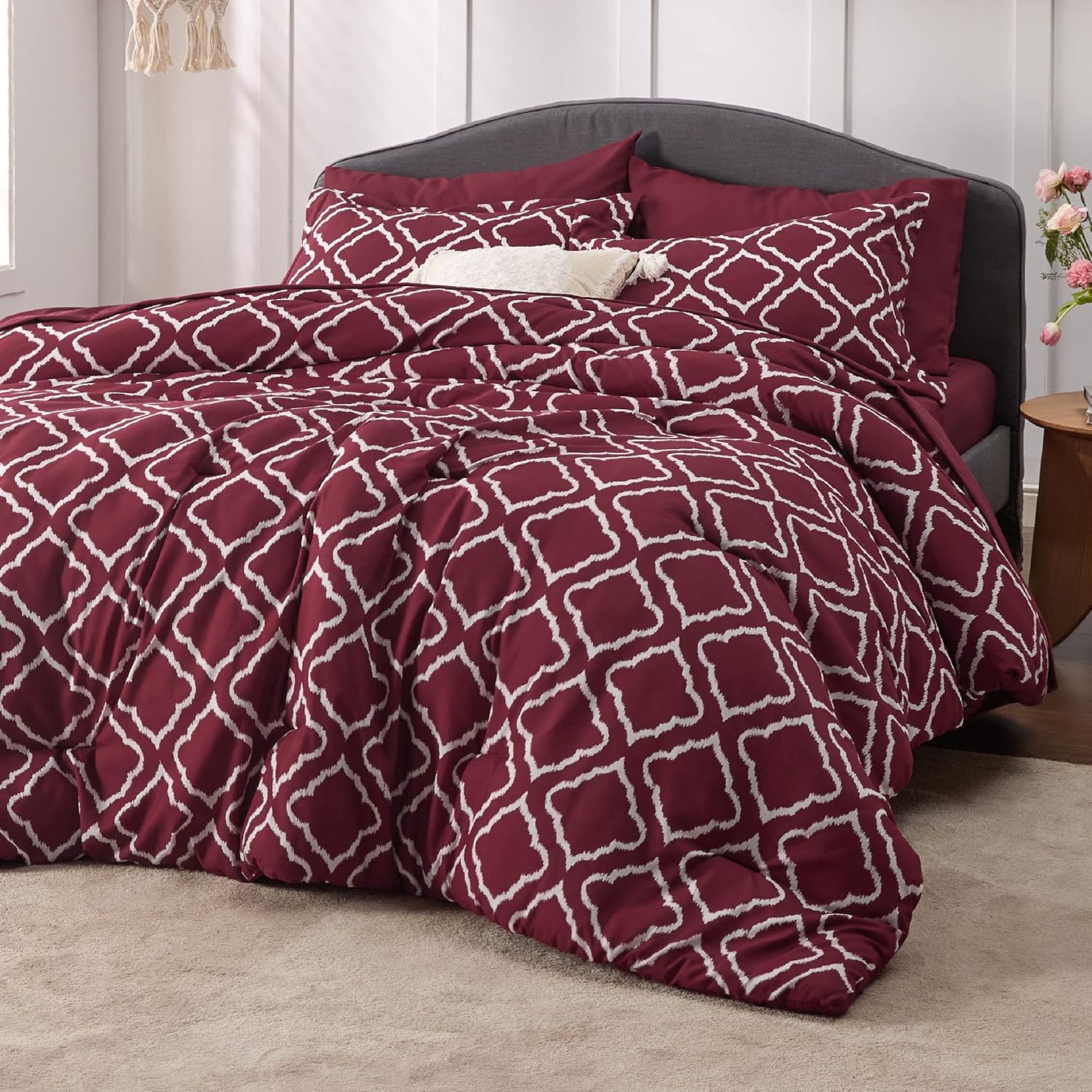 Bedsure Queen Comforter Set 7 Pieces Burgundy Red
