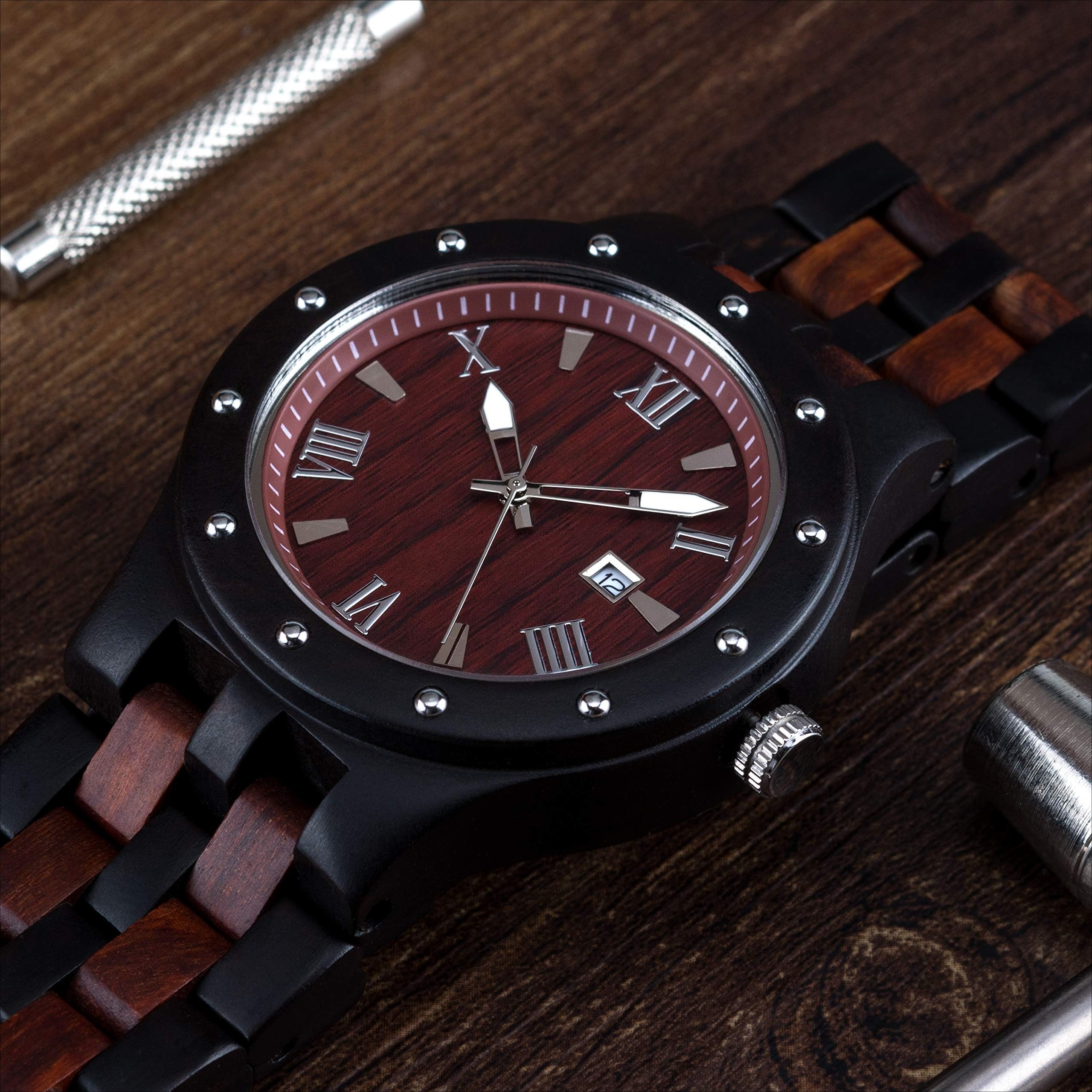 BEWELL - Reloj de pulsera de madera para hombre, hecho a mano, con visualización de fecha, analógico, de cuarzo,