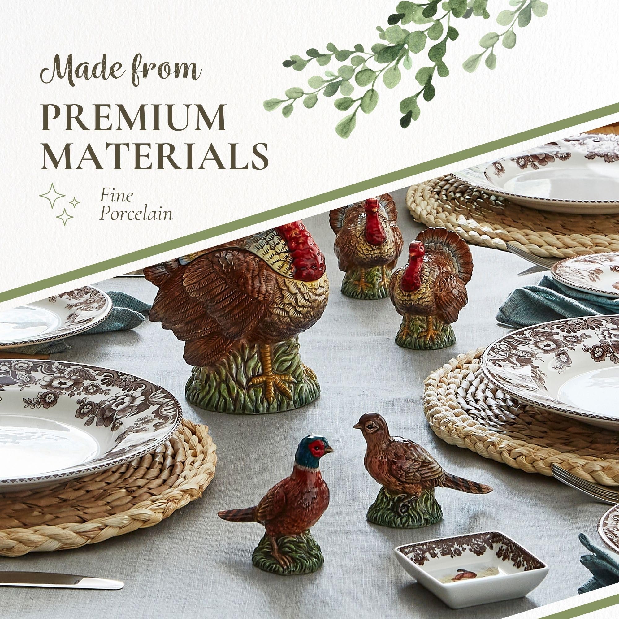 Spode Salero y pimentero en forma de faisán de 3.5 pulgadas, decoración de granja de cerámica dolomita para comedor formal, juego decorativo de sal y pimentero con tapones inferiores de fácil recarga,