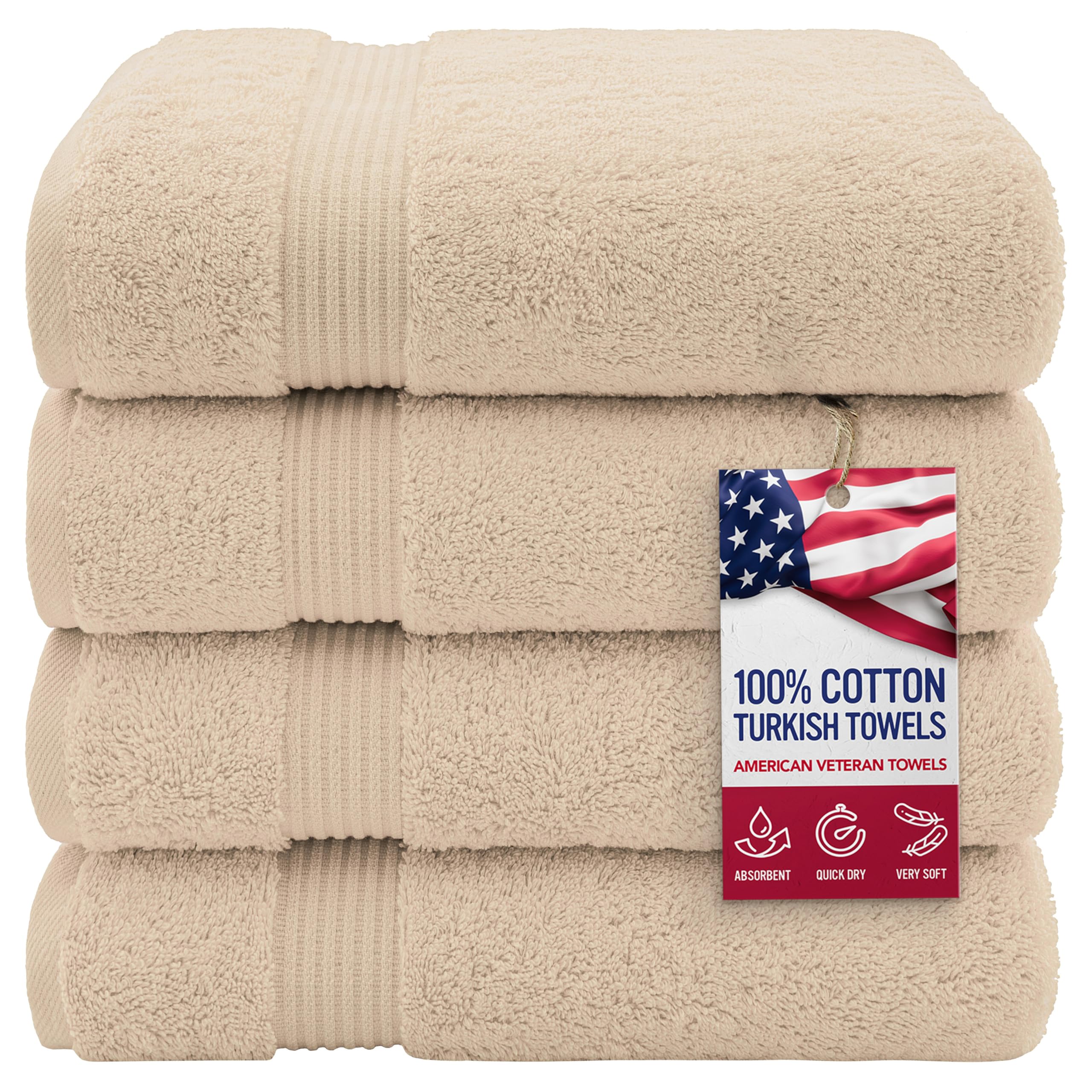 American Veteran Towel, 100% Cotton Turkish Bath Towels for Bathroom 4 Pack, 27x54 Extra Large Premium Soft Drying Bathroom Towels, Beige