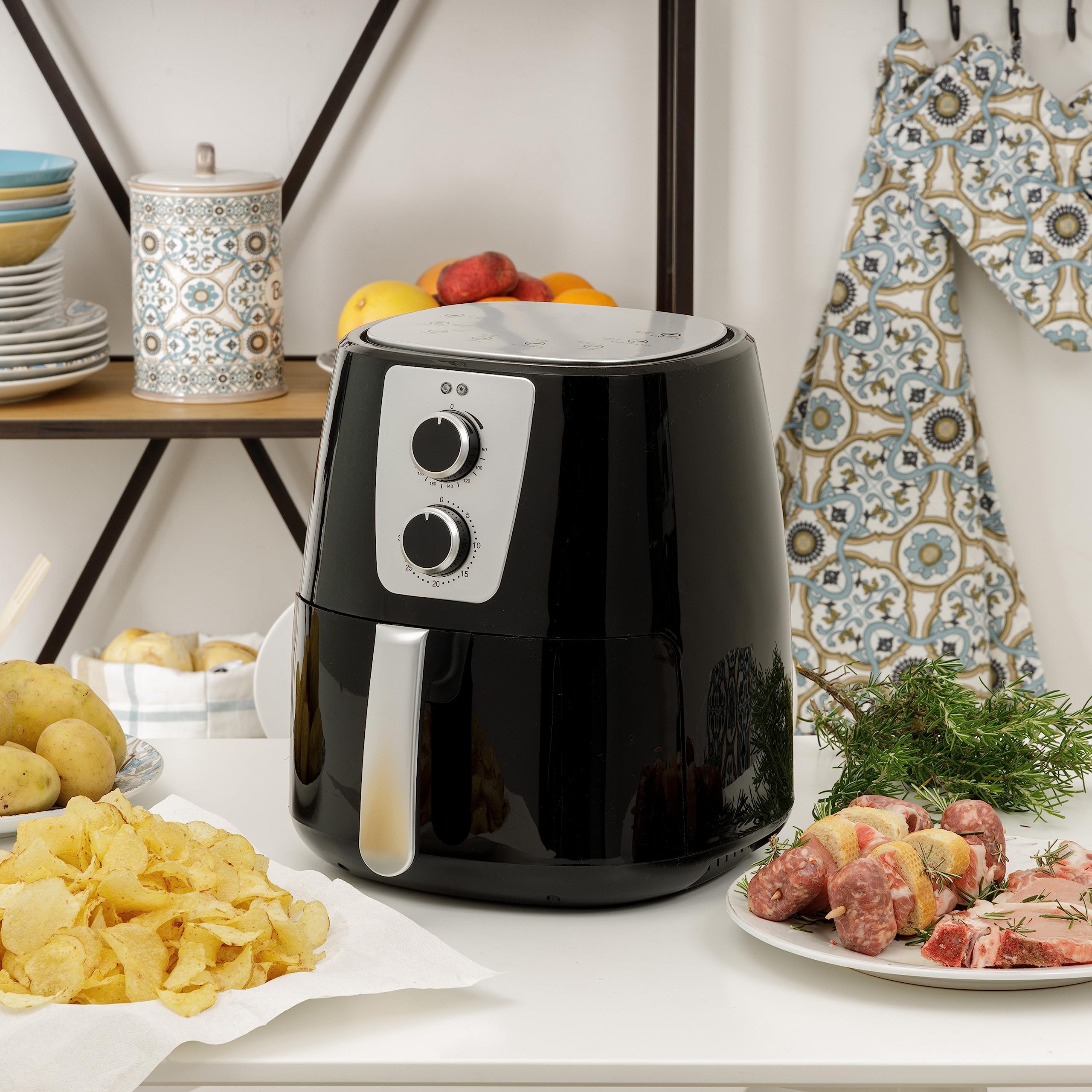 Baroni Home Friggitrice ad Aria Calda Senza Olio con Cestello Antiaderente, Air Fryer con Termostato Regolabile fino a 200°, Capacità 5,2 Lt, 1300 Watt, 37x27x25 cm