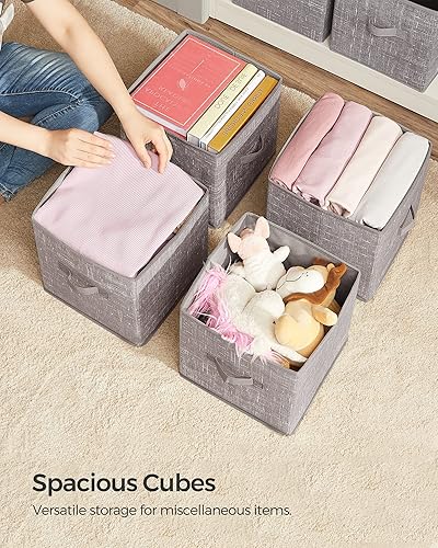 Miniatura 53 de SONGMICS - Cubos de almacenamiento, cubos plegables de 13 pulgadas, con asas dobles, juego de 6, organizadores de armario para estantes, color gris
