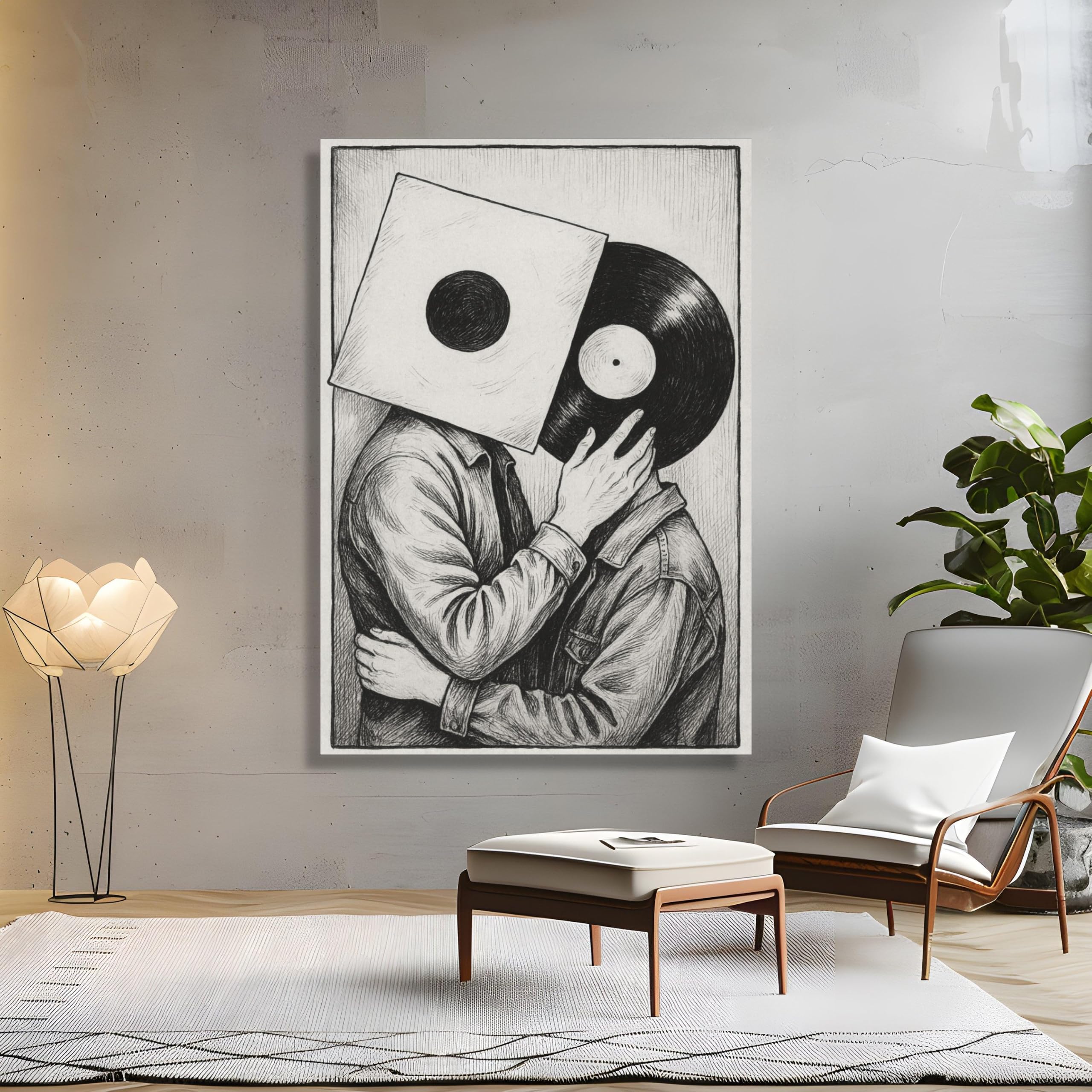 CAOXTART Obraz na płótnie dla miłośników płyt winylowych w stylu vintage muzyka dekoracja ścienna czarno-biała ilustracja retro wystrój domu (60 x 90 cm/wewnętrzna rama)