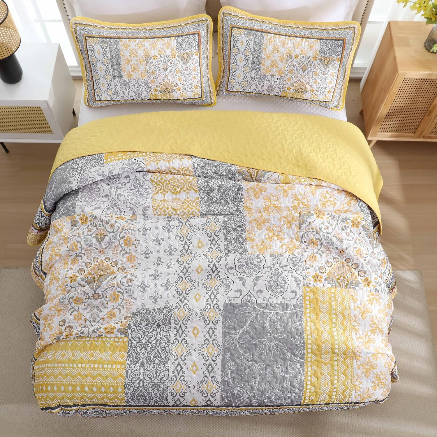 WONGS BEDDING Yellow Quilt Set Queen,Bohemian Patchwork Bedspread Coverlet Set, Reversible Boho Floral Pattern Bedspreads Bedding Quilt Set for All Seasons (96"x90") - Image 4