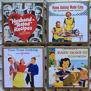Retro Cookbook cover coasters with gold trim