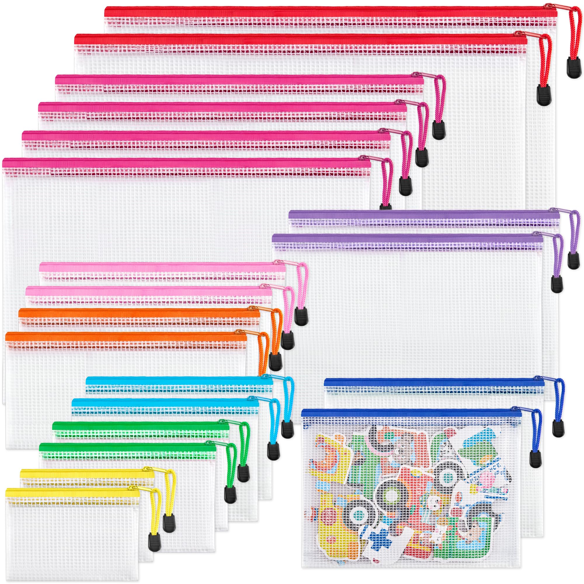 JARLINK 20 Pack 8 Sizes Mesh Pouch, 9 Colors, Waterproof Zipper File Bags Document Multipurpose Travel Bags for Office, School, Board Game, Puzzles,