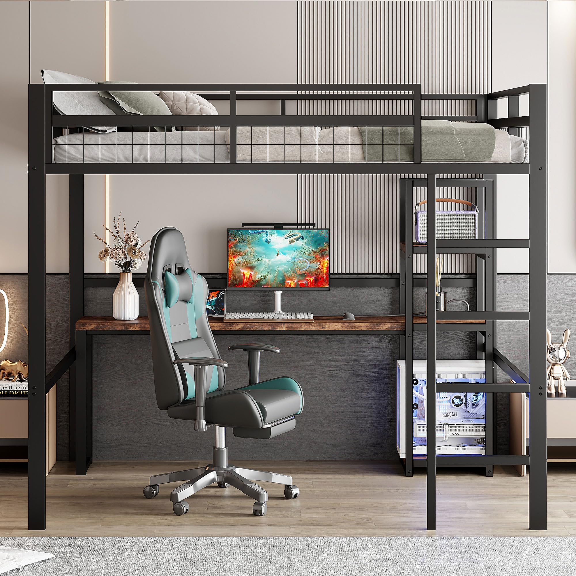 Dolamaní Cama alta para adultos, 140 x 200 cm, marco de cama de metal con enchufe, cama de metal con USB Type-C y varios estantes, capacidad de carga de 150 kg (negro)