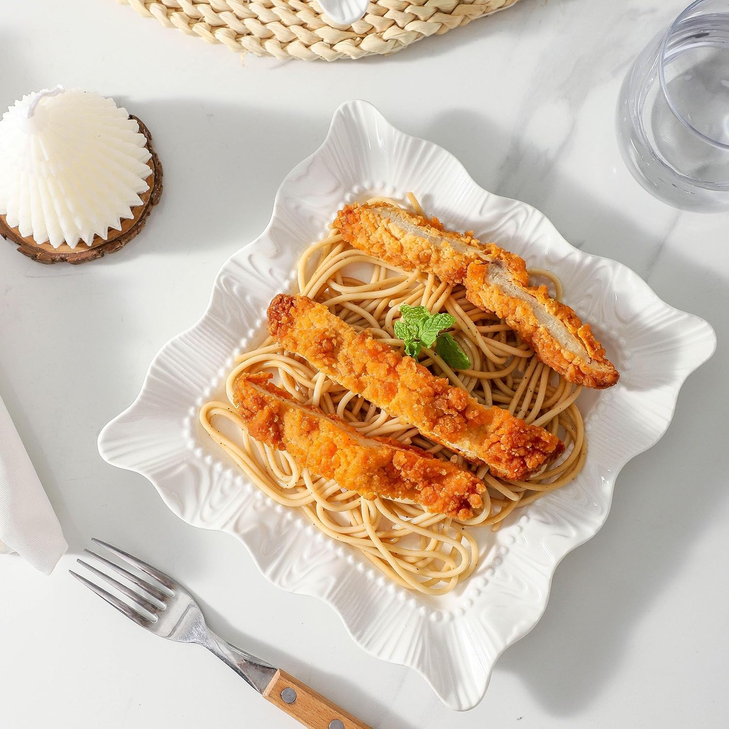 Neaylfe 8 inch Ceramic Dessert Salad Plates, Set of 8, Embossed Square Dinner Plates, Kitchen Porcelain Dish, Ceramic Flat Plates for Appetizer, Pancakes, Dishwasher & Microwave Safe