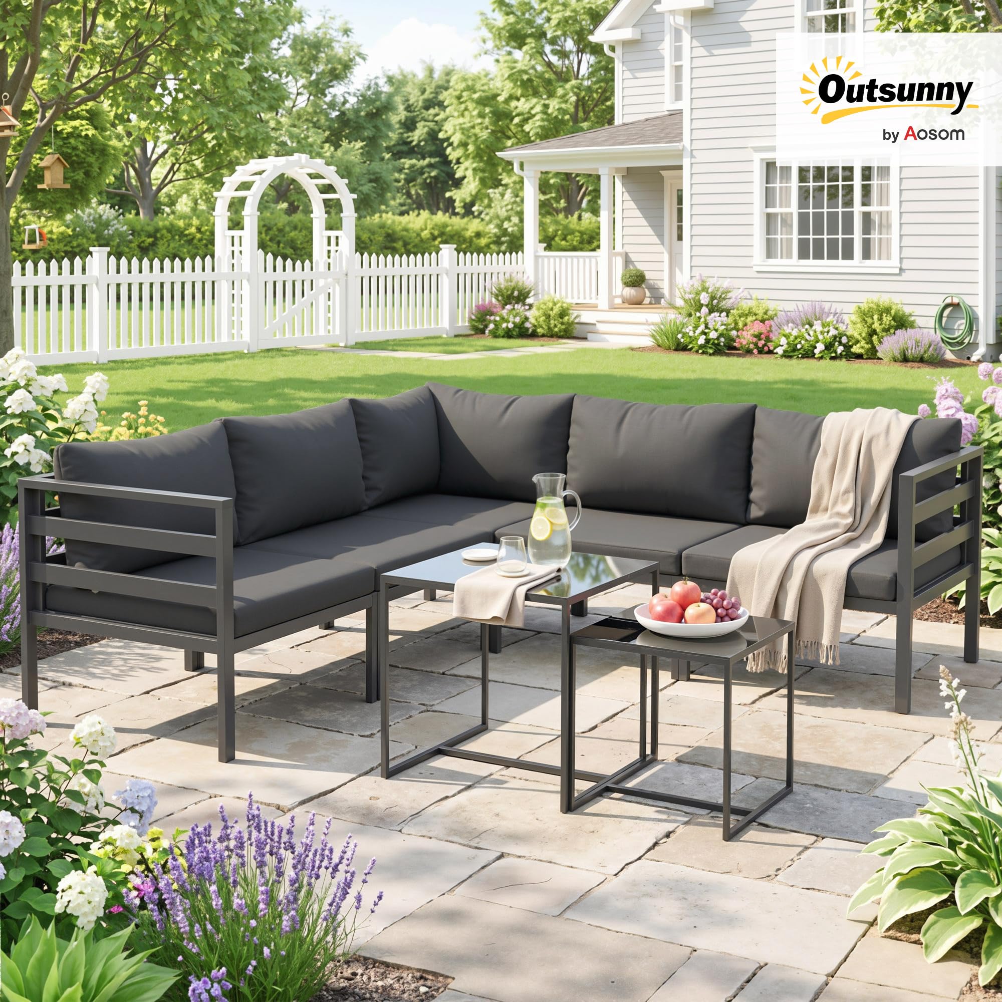 Outsunny Set Salotto da Giardino da 7 Pezzi 5 Poltrona da Esterno Grigio | 2 Tavolini da Caffè con Piano in Vetro, Cuscini, Set di Mobili in Acciaio e Poliestere