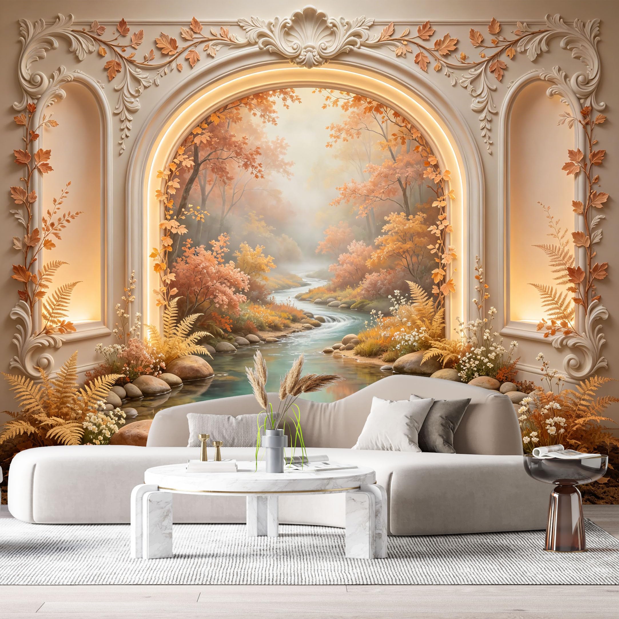 Custom Size Wall Murals Autumn Forest River Archway 3D Trompe L'Oeil SelfAdhesiveWall Fabric Removable Wallpaper Wall Decor for Living Room Bedroom Bathroom